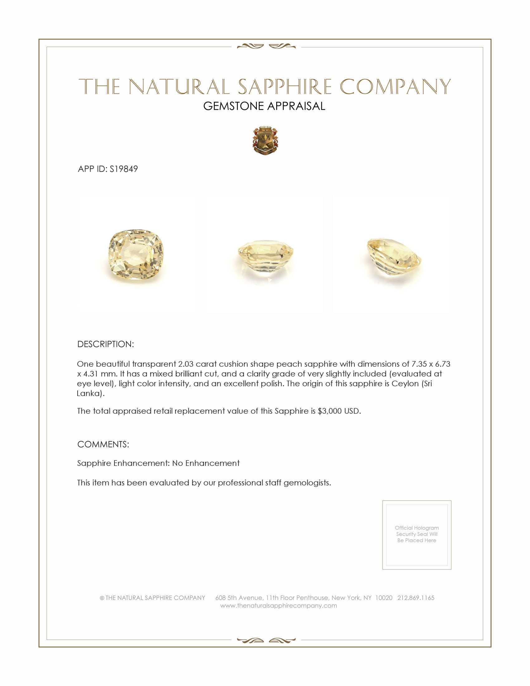 2.03 Ct. Yellow Sapphire from Ceylon (Sri Lanka)