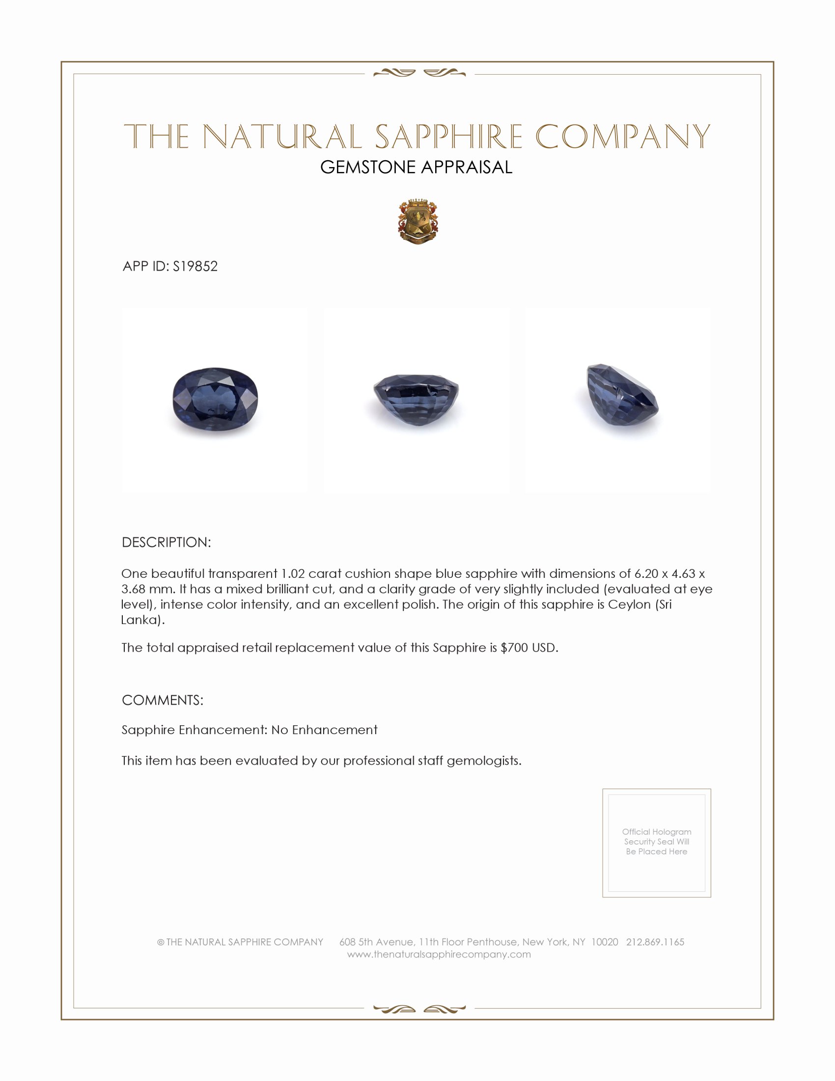 1.02 Ct. Blue Sapphire from Ceylon (Sri Lanka)