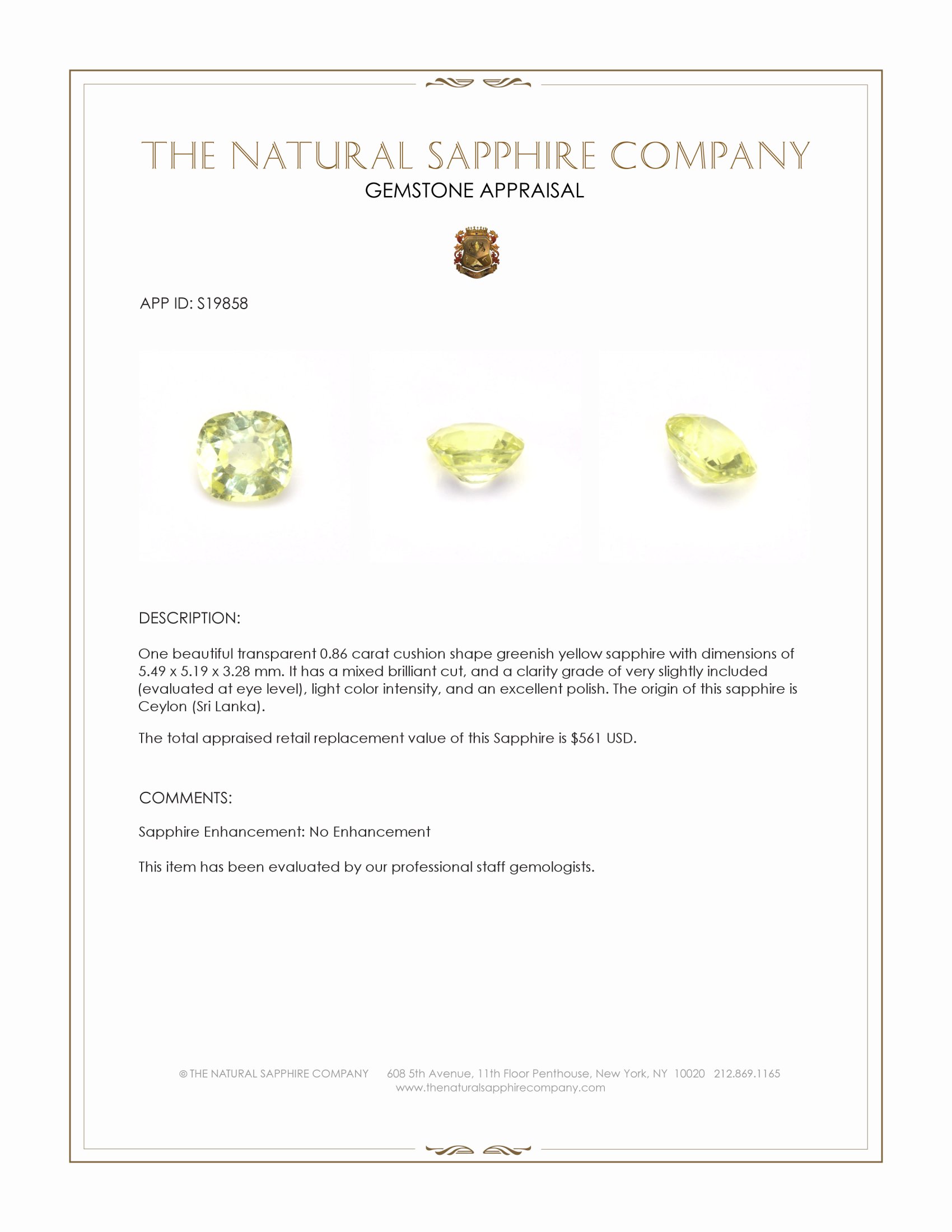 0.86 Ct. Greenish Yellow Sapphire from Ceylon (Sri Lanka)