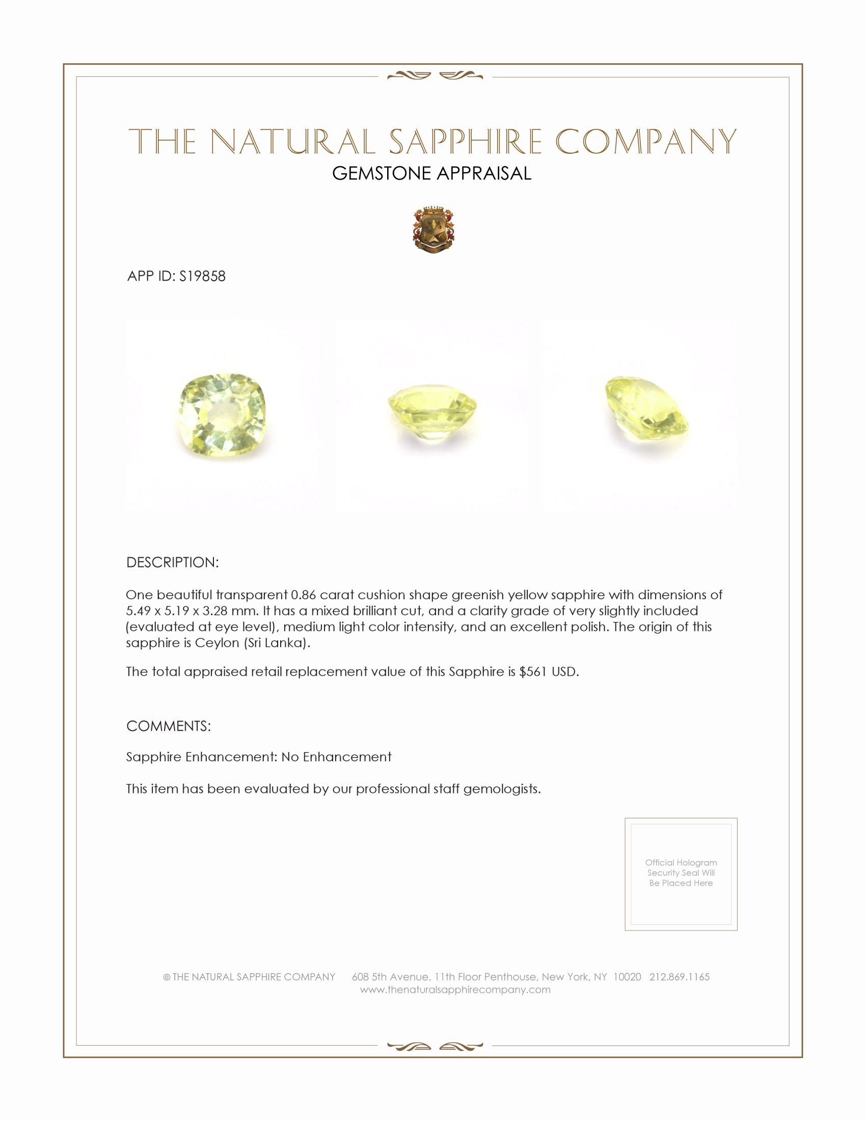 0.86 Ct. Greenish Yellow Sapphire from Ceylon (Sri Lanka)