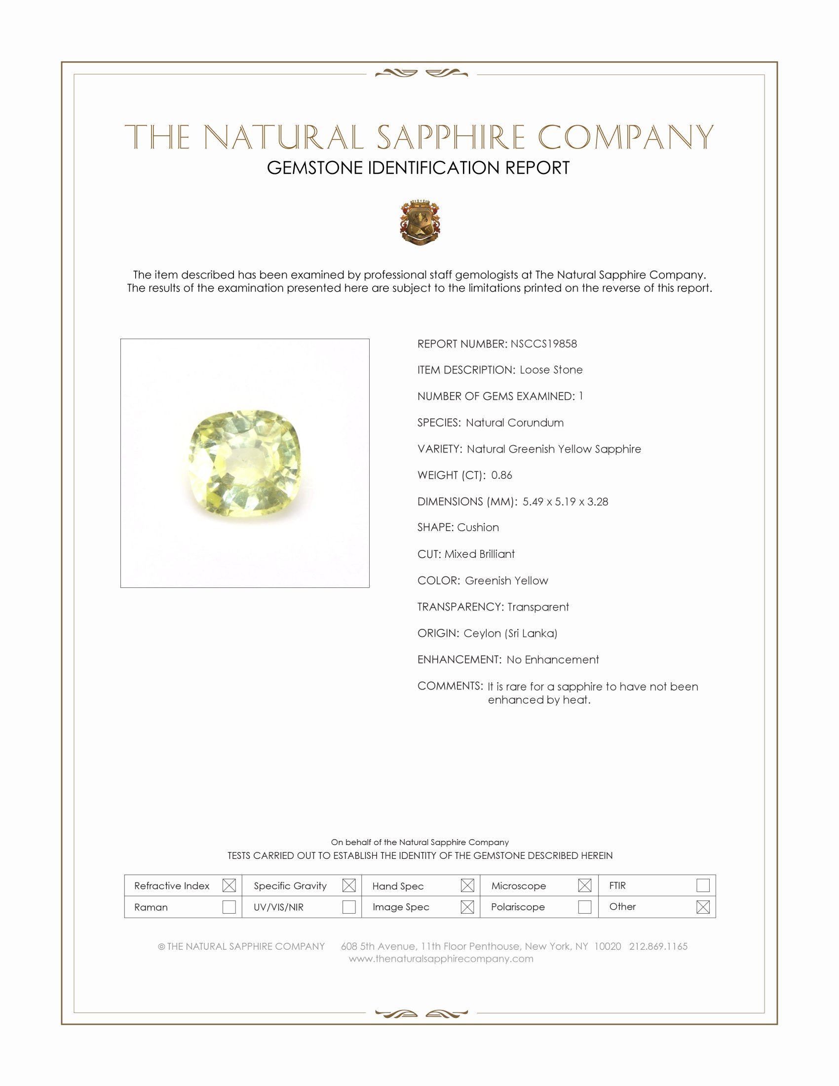 0.86 Ct. Greenish Yellow Sapphire from Ceylon (Sri Lanka)