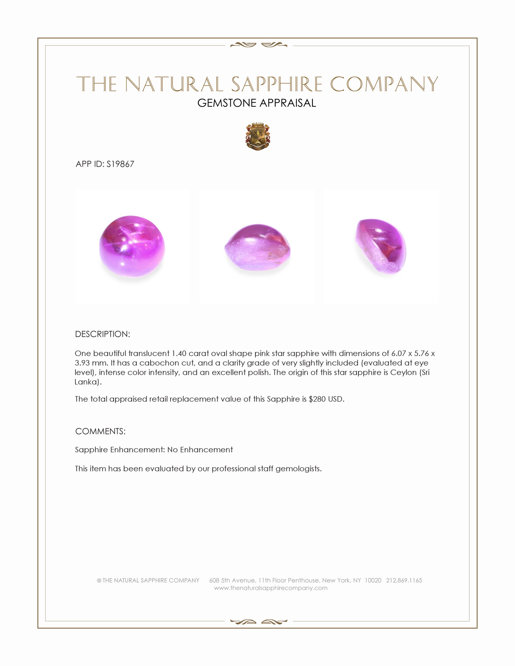 1.40 Ct. Pink Star Sapphire from Ceylon (Sri Lanka)