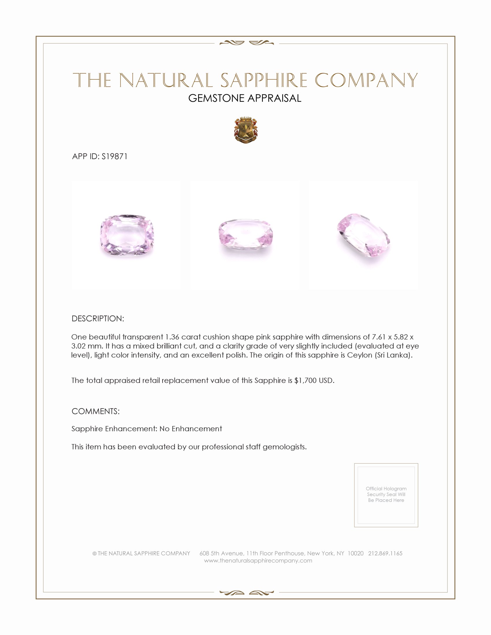 1.36 Ct. Pink Sapphire from Ceylon (Sri Lanka)
