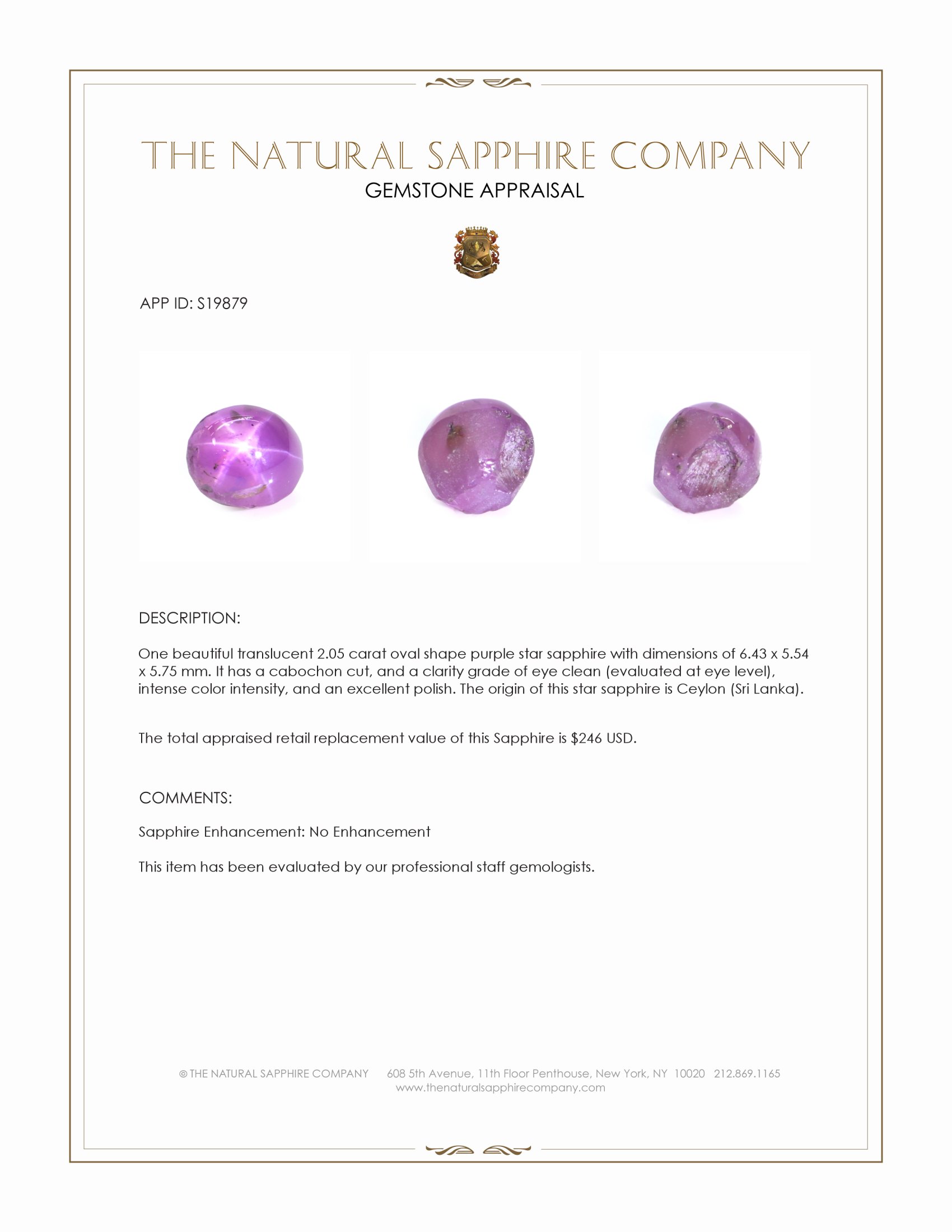 2.05 Ct. Purple Star Sapphire from Ceylon (Sri Lanka)