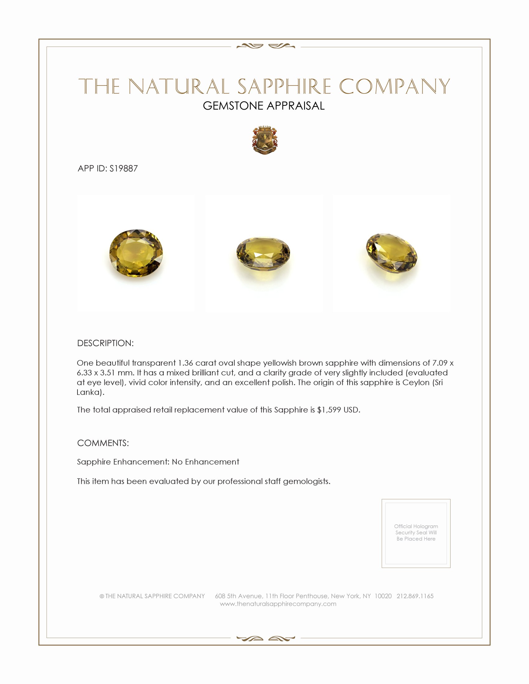 1.36 Ct. Yellowish Brown Sapphire from Ceylon (Sri Lanka)