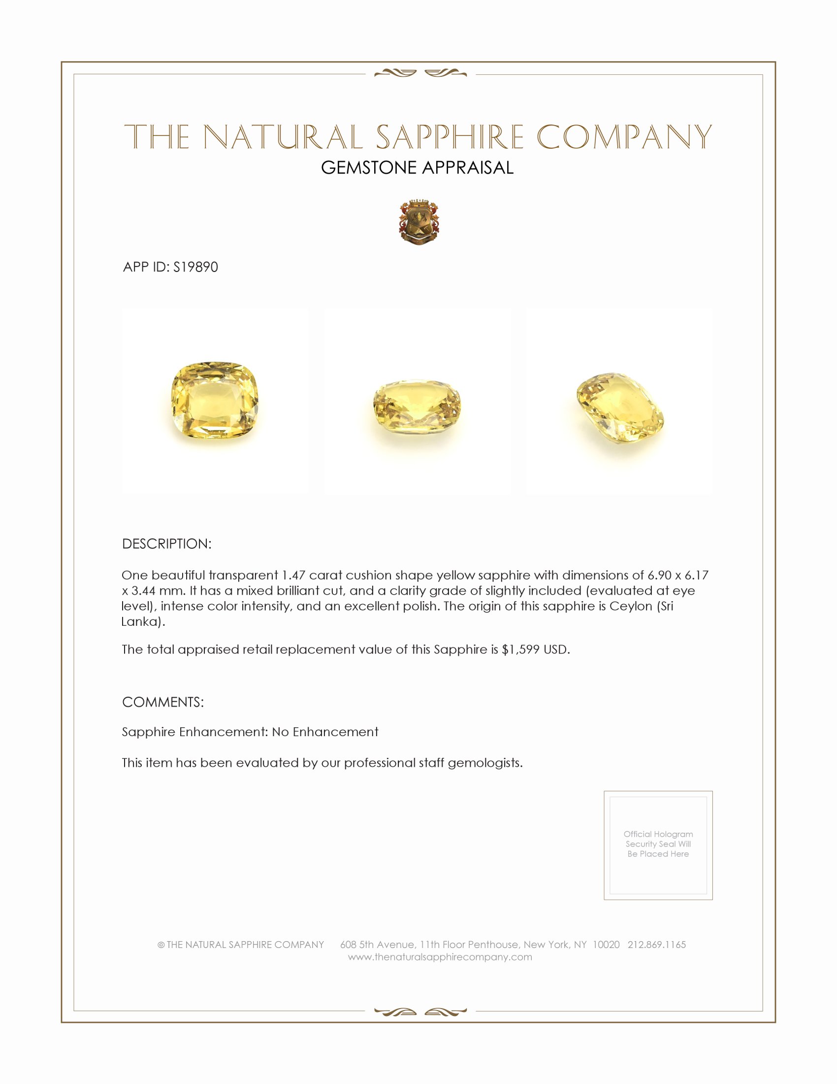 1.47 Ct. Yellow Sapphire from Ceylon (Sri Lanka)