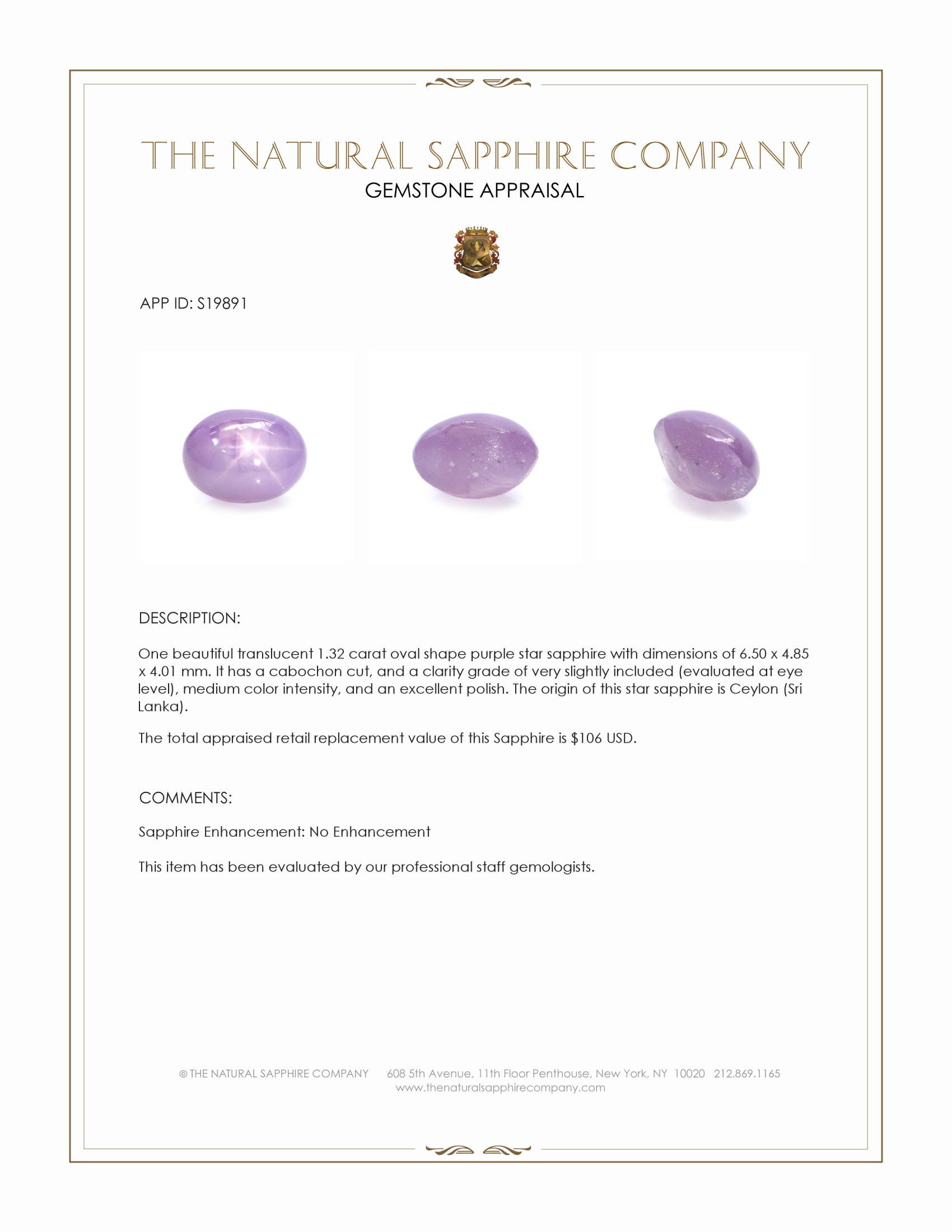 1.32 Ct. Purple Star Sapphire from Ceylon (Sri Lanka)