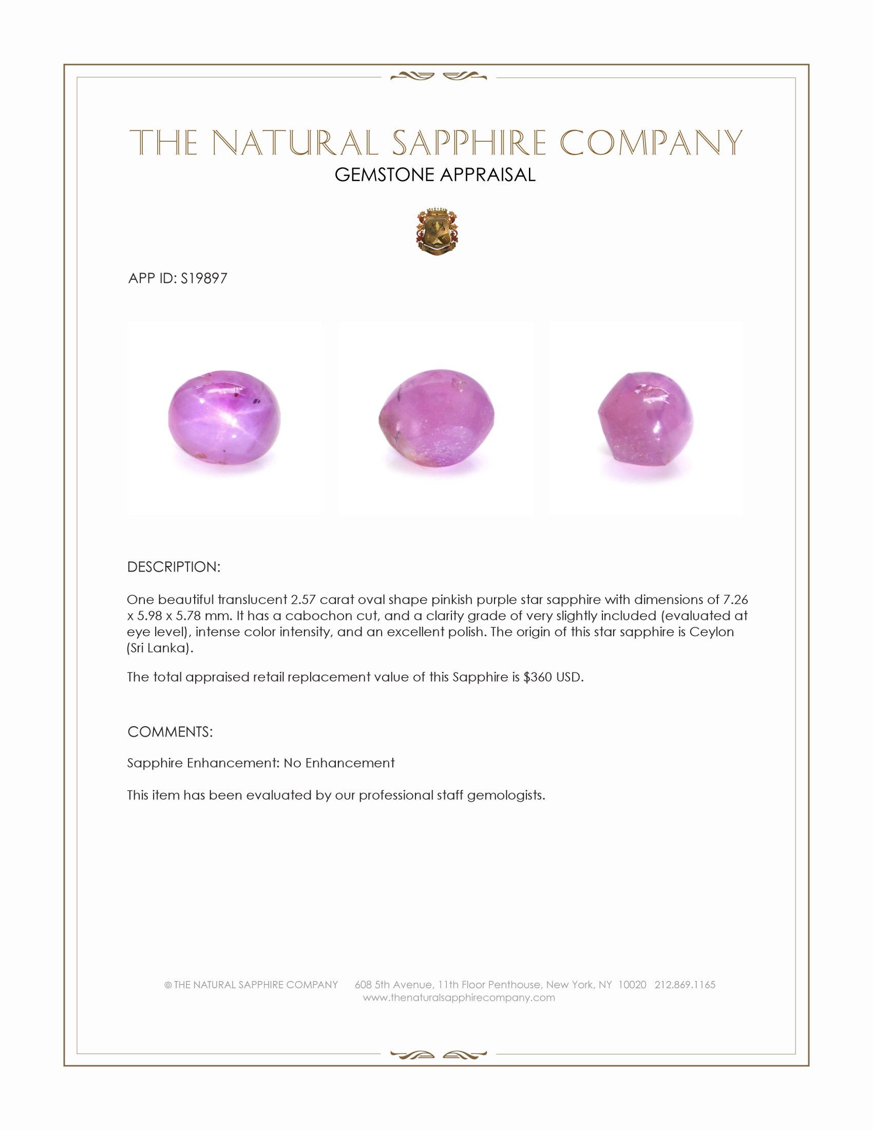 2.57 Ct. Pinkish Purple Star Sapphire from Ceylon (Sri Lanka)