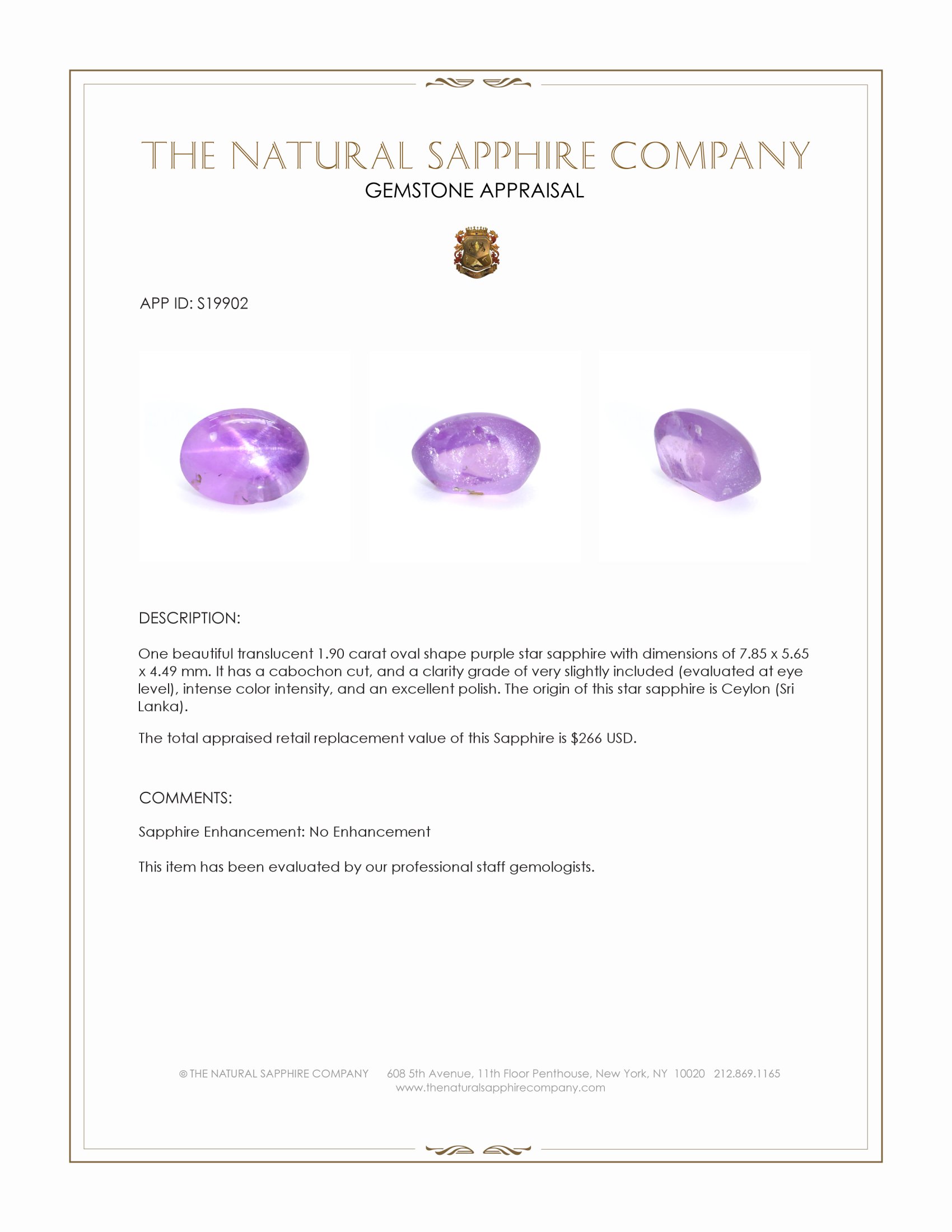 1.90 Ct. Purple Star Sapphire from Ceylon (Sri Lanka)