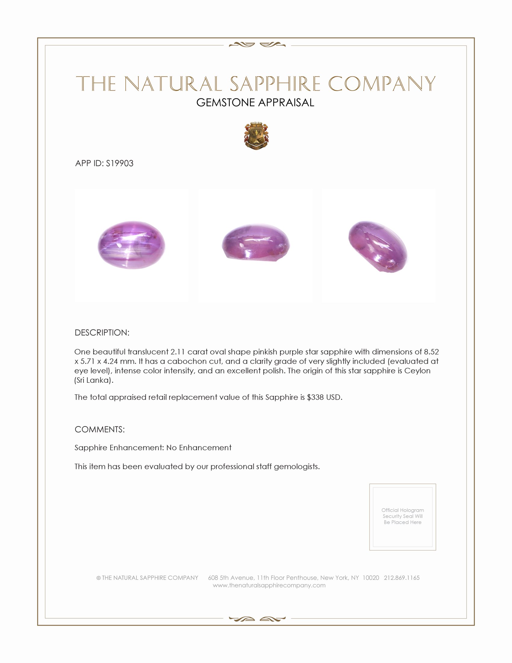 2.11 Ct. Pinkish Purple Star Sapphire from Ceylon (Sri Lanka)