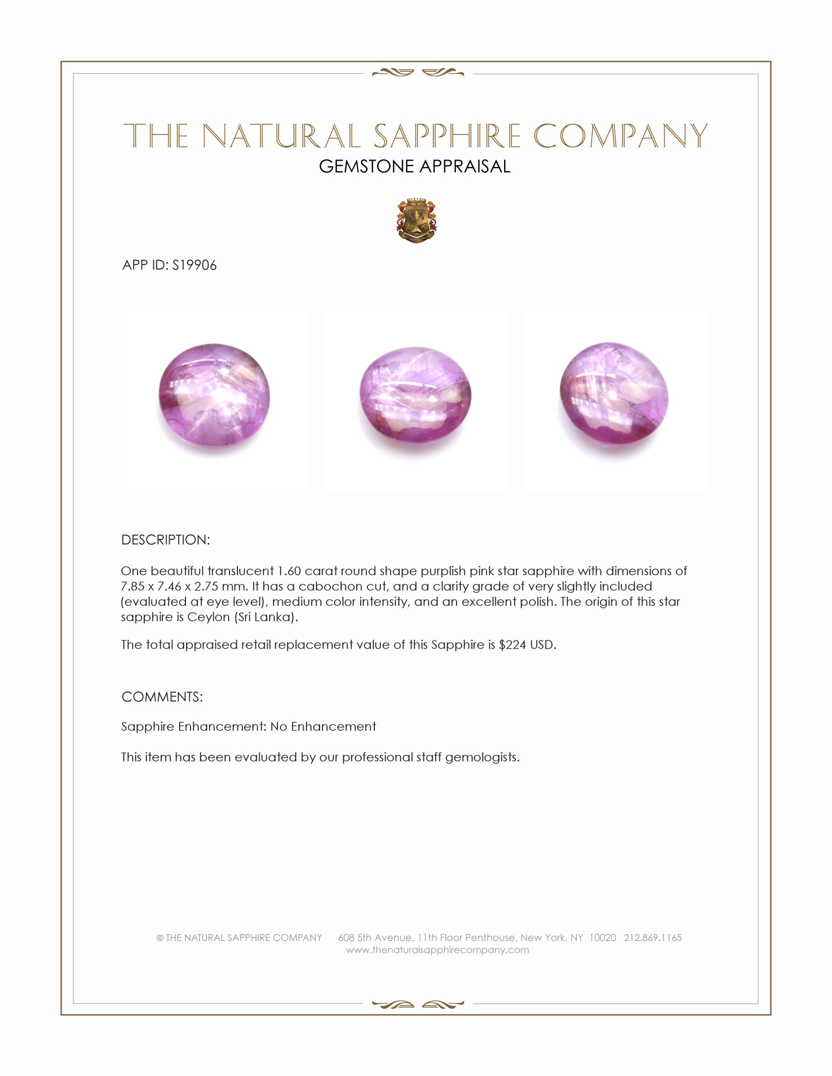 1.60 Ct. Purplish Pink Star Sapphire from Ceylon (Sri Lanka)
