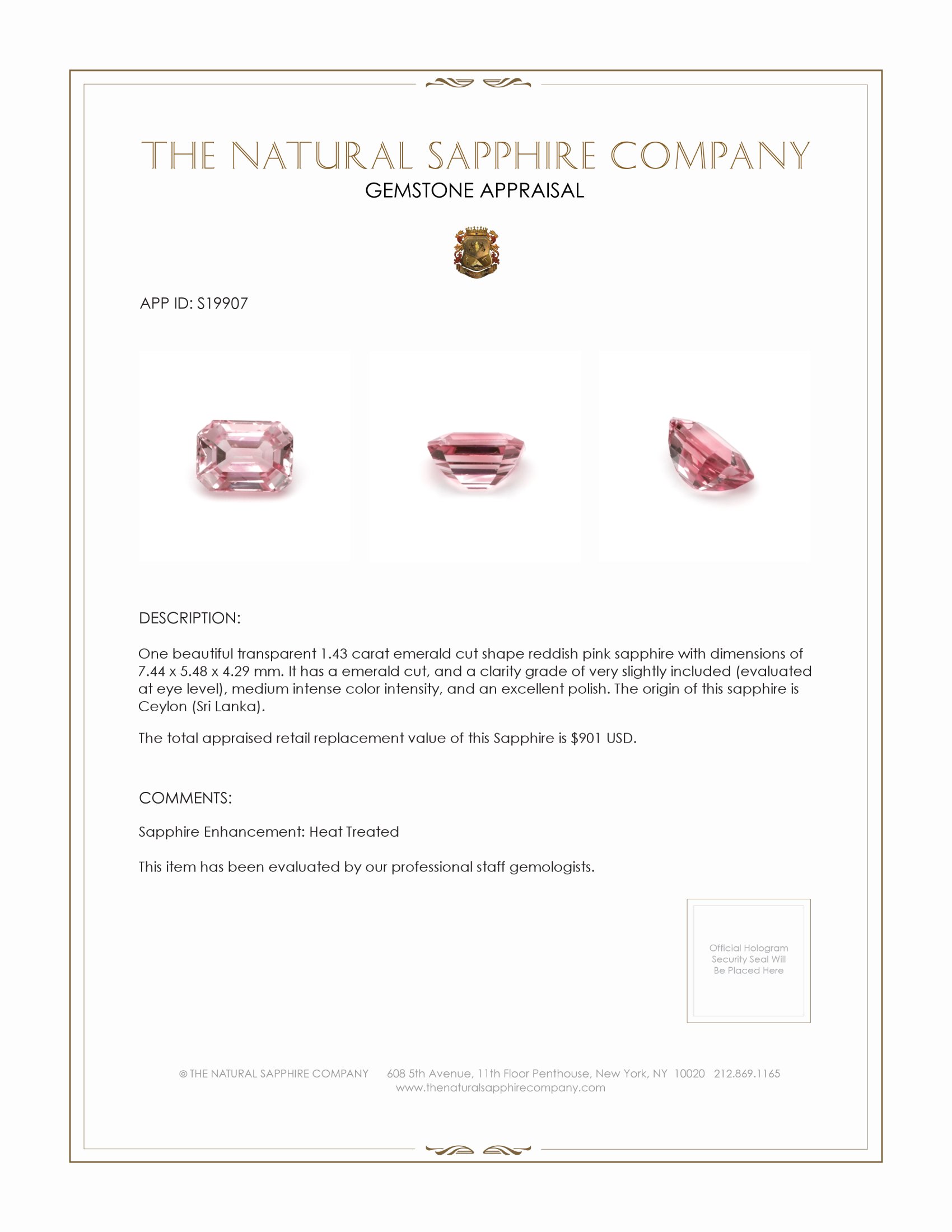 1.43 Ct. Reddish Pink Sapphire from Ceylon (Sri Lanka)