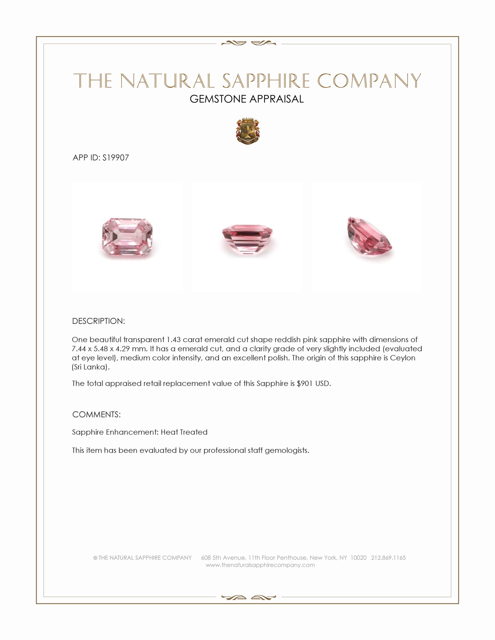 1.43 Ct. Reddish Pink Sapphire from Ceylon (Sri Lanka)