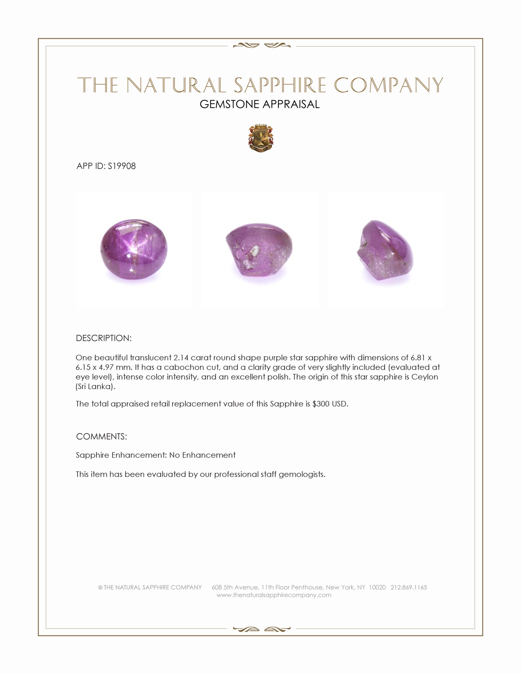 2.14 Ct. Purple Star Sapphire from Ceylon (Sri Lanka)