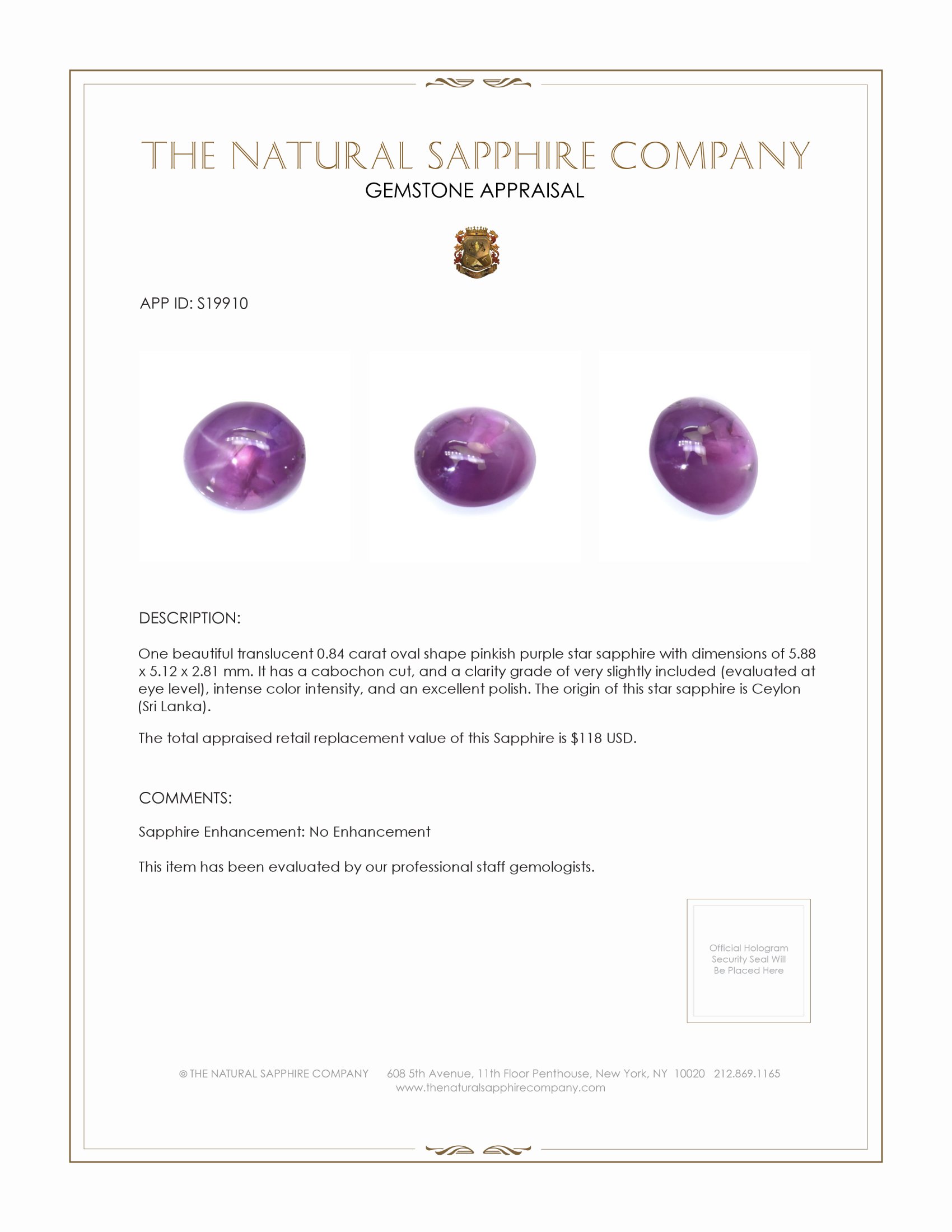 0.84 Ct. Pinkish Purple Star Sapphire from Ceylon (Sri Lanka)