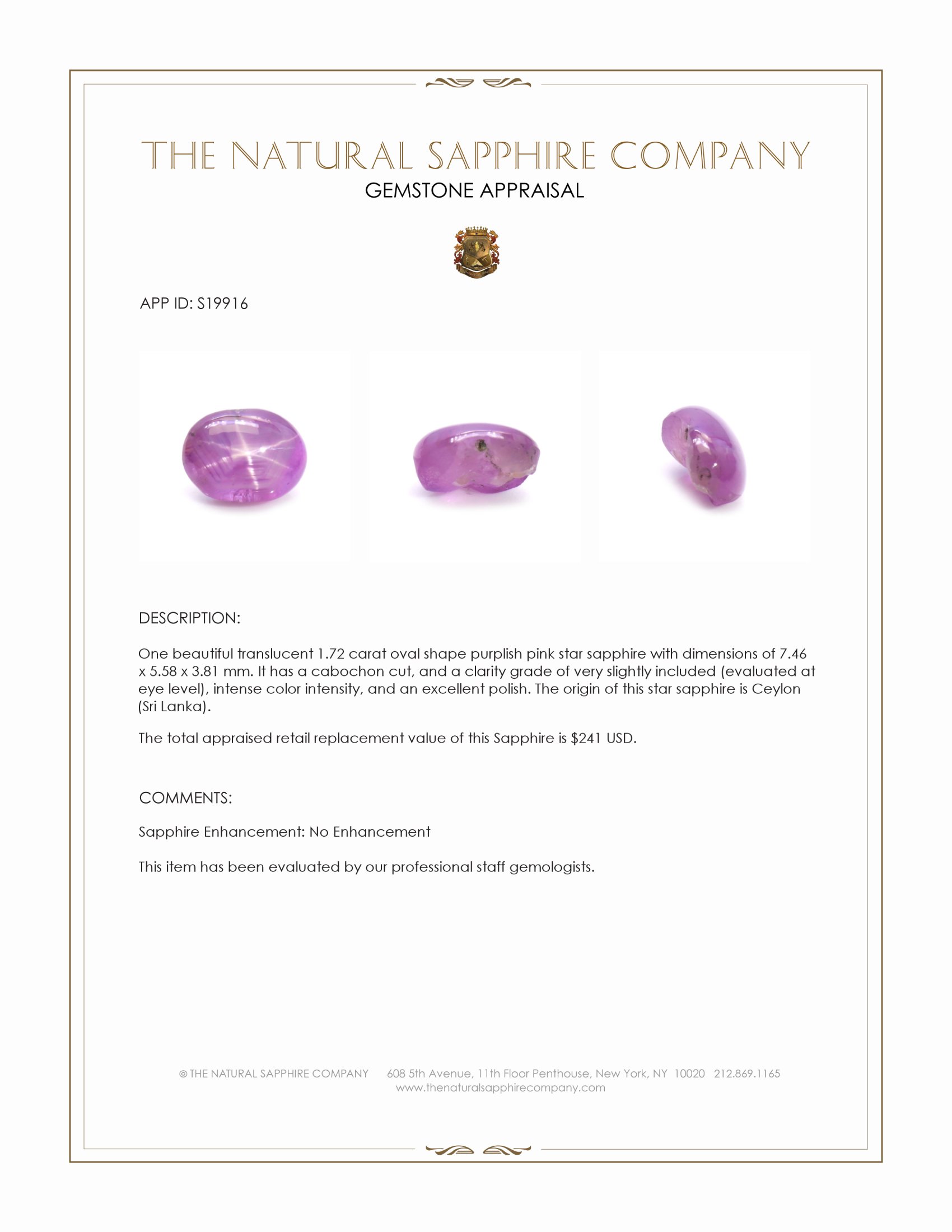 1.72 Ct. Purplish Pink Star Sapphire from Ceylon (Sri Lanka)
