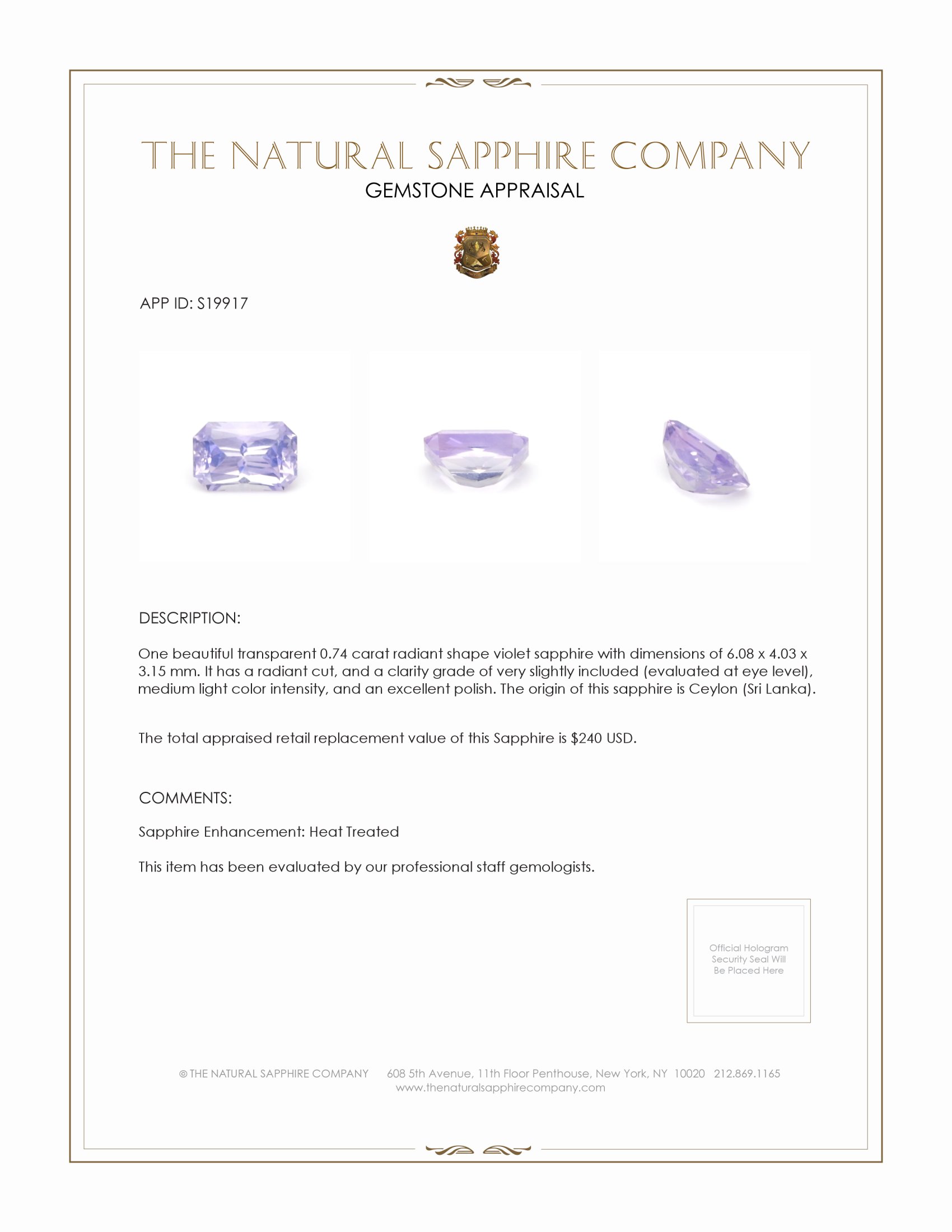 0.74 Ct. Violet Sapphire from Ceylon (Sri Lanka)