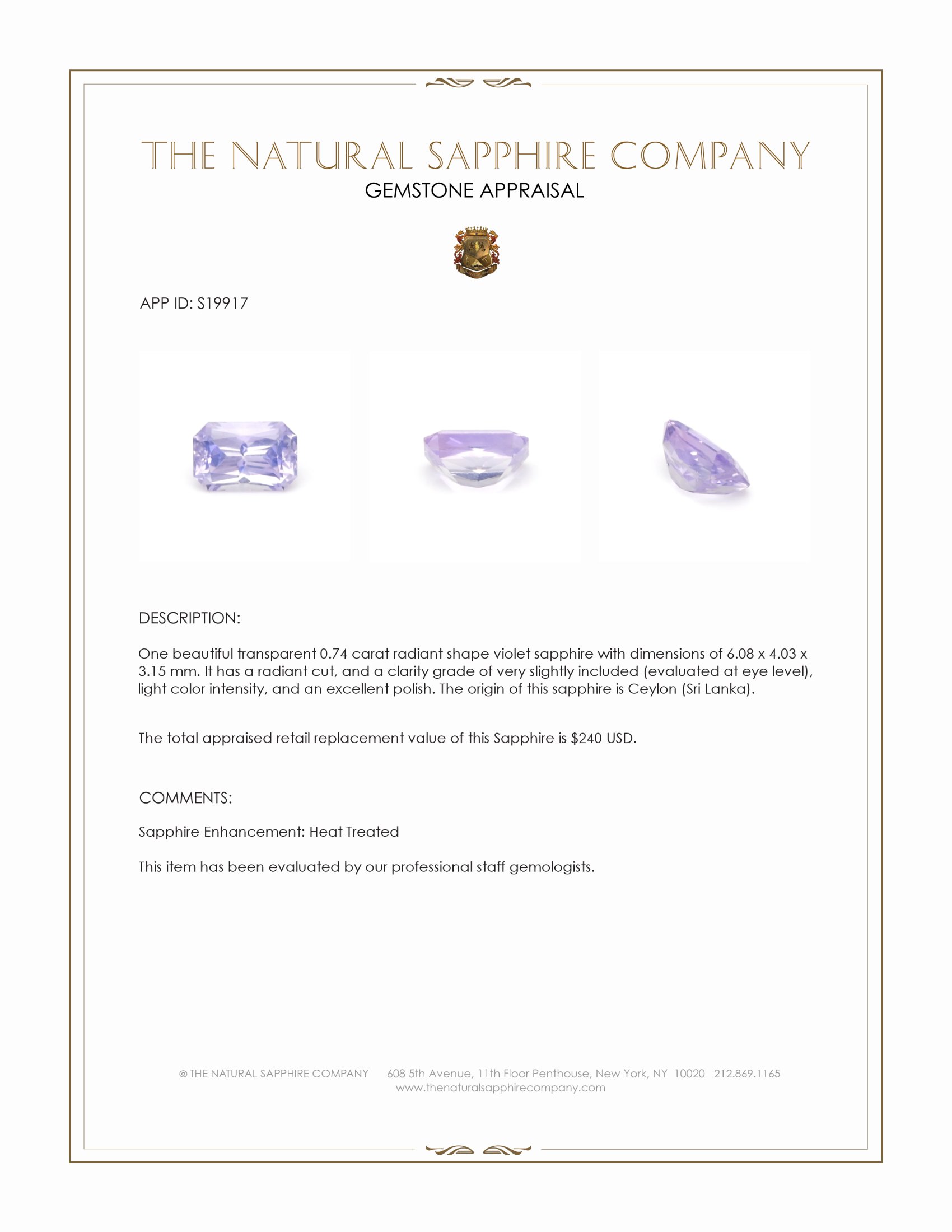 0.74 Ct. Violet Sapphire from Ceylon (Sri Lanka)