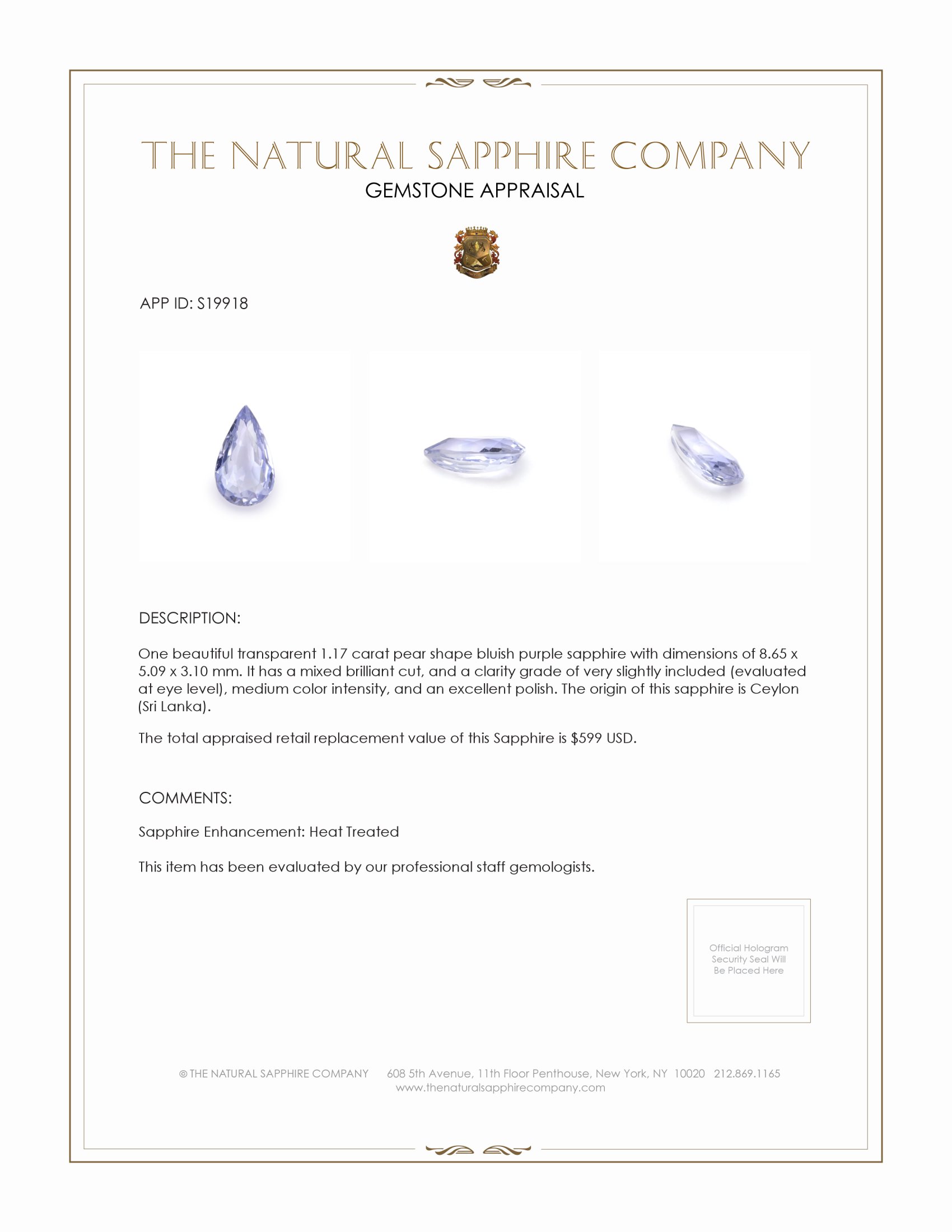 1.17 Ct. Bluish Purple Sapphire from Ceylon (Sri Lanka)