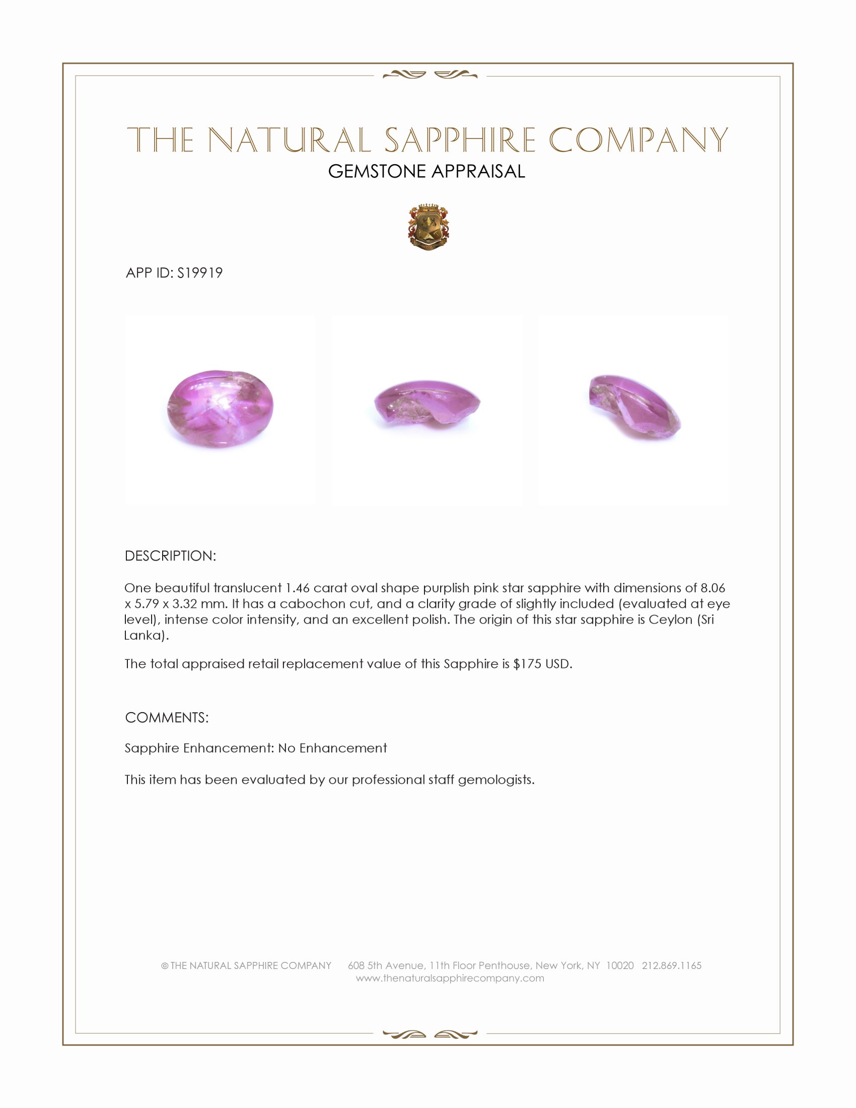1.46 Ct. Purplish Pink Star Sapphire from Ceylon (Sri Lanka)
