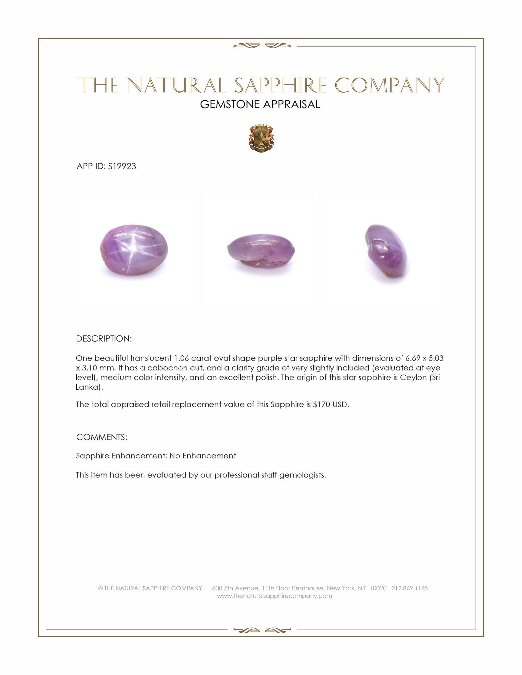 1.06 Ct. Purple Star Sapphire from Ceylon (Sri Lanka)