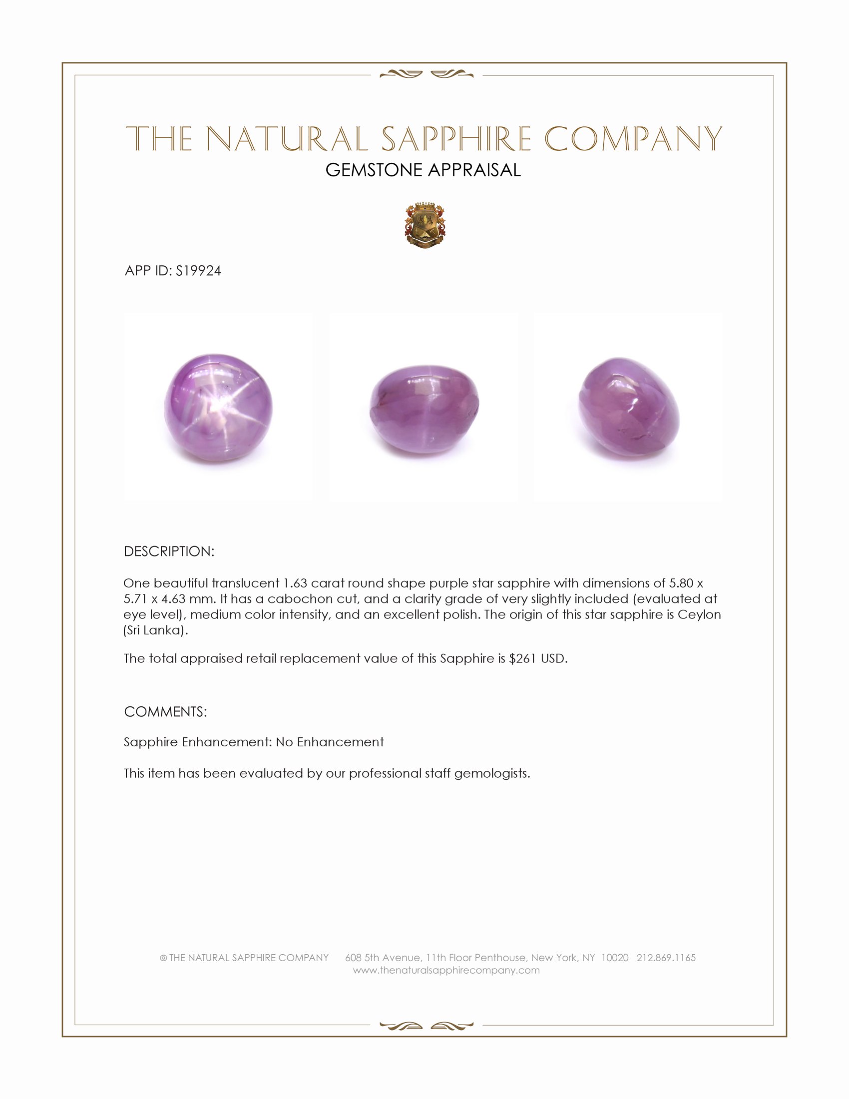 1.63 Ct. Purple Star Sapphire from Ceylon (Sri Lanka)