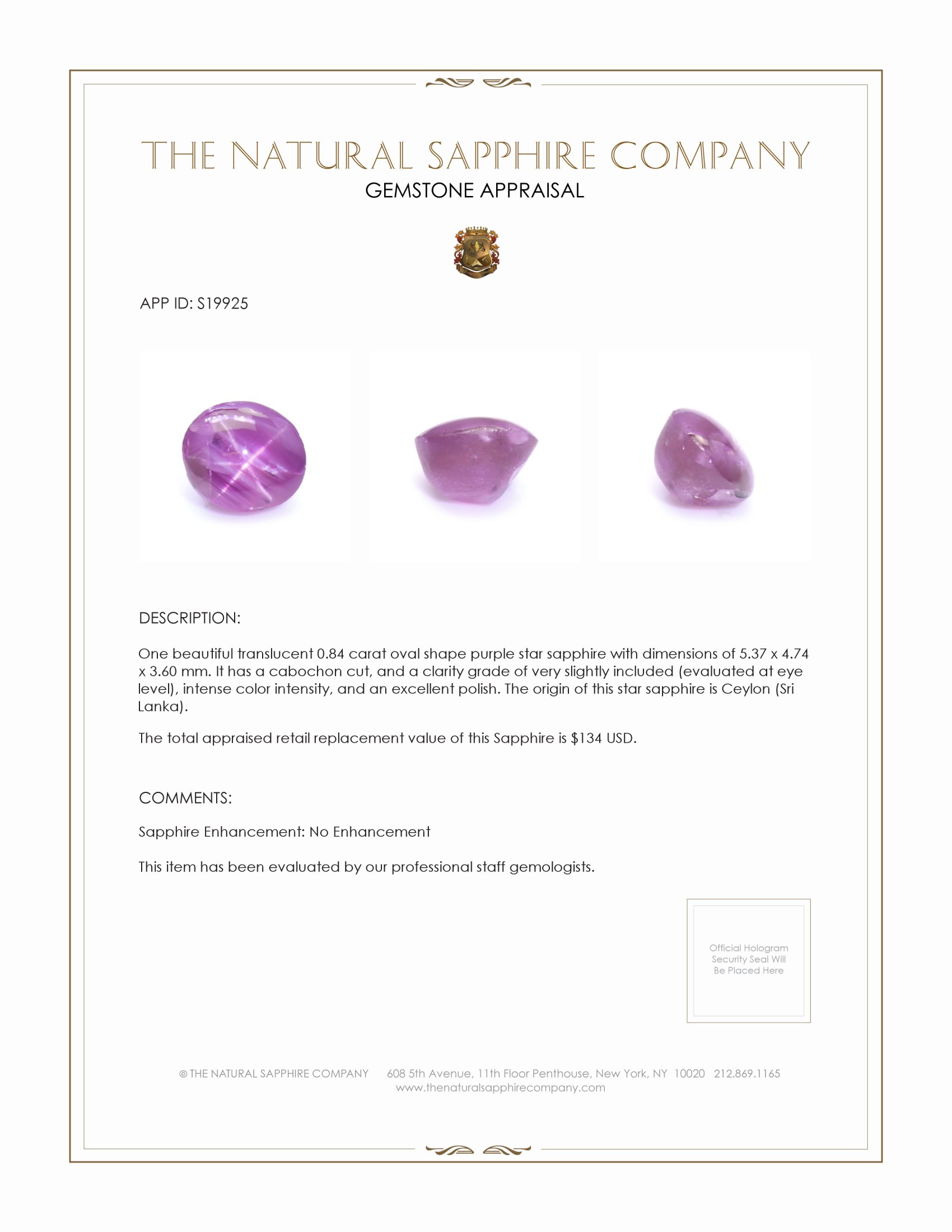 0.84 Ct. Purple Star Sapphire from Ceylon (Sri Lanka)