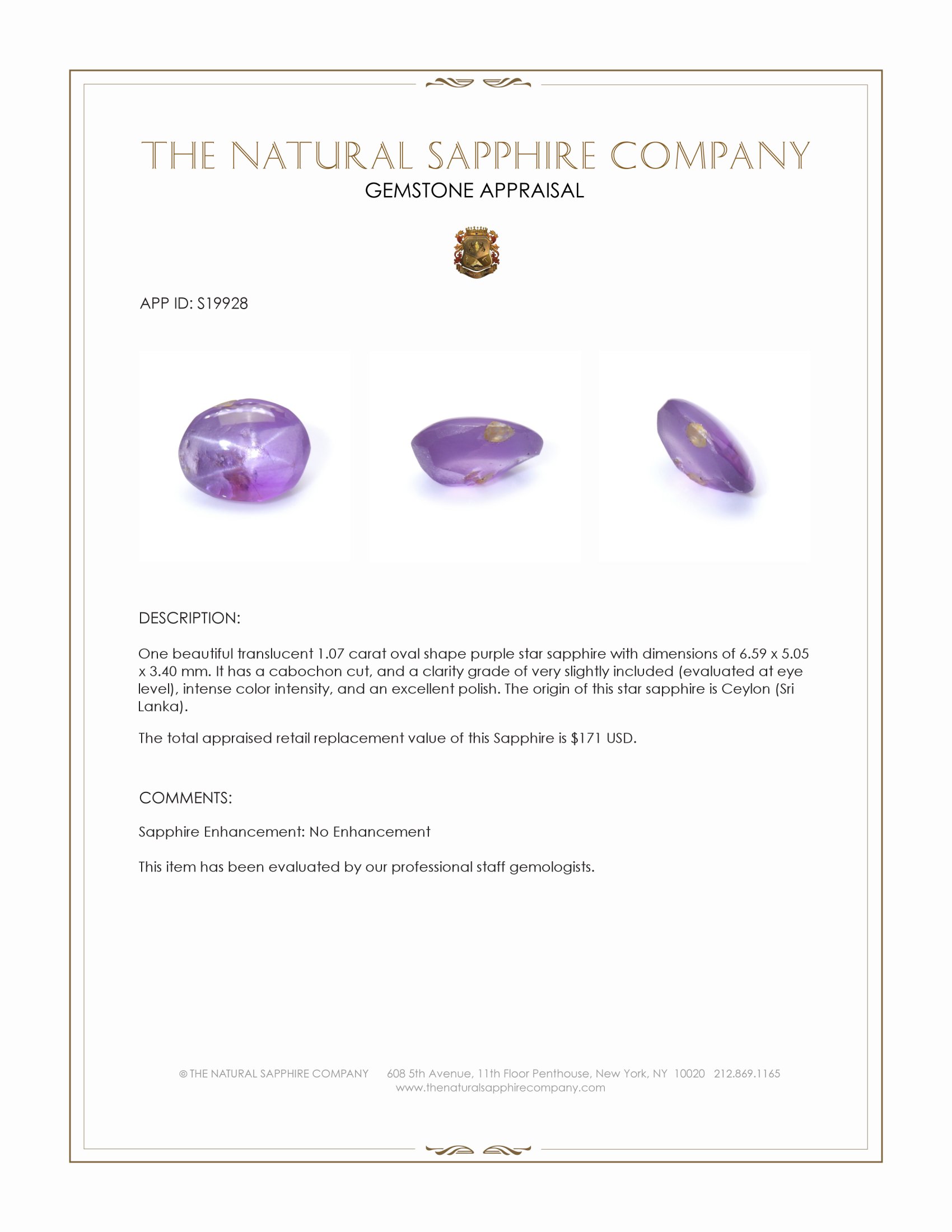 1.07 Ct. Purple Star Sapphire from Ceylon (Sri Lanka)