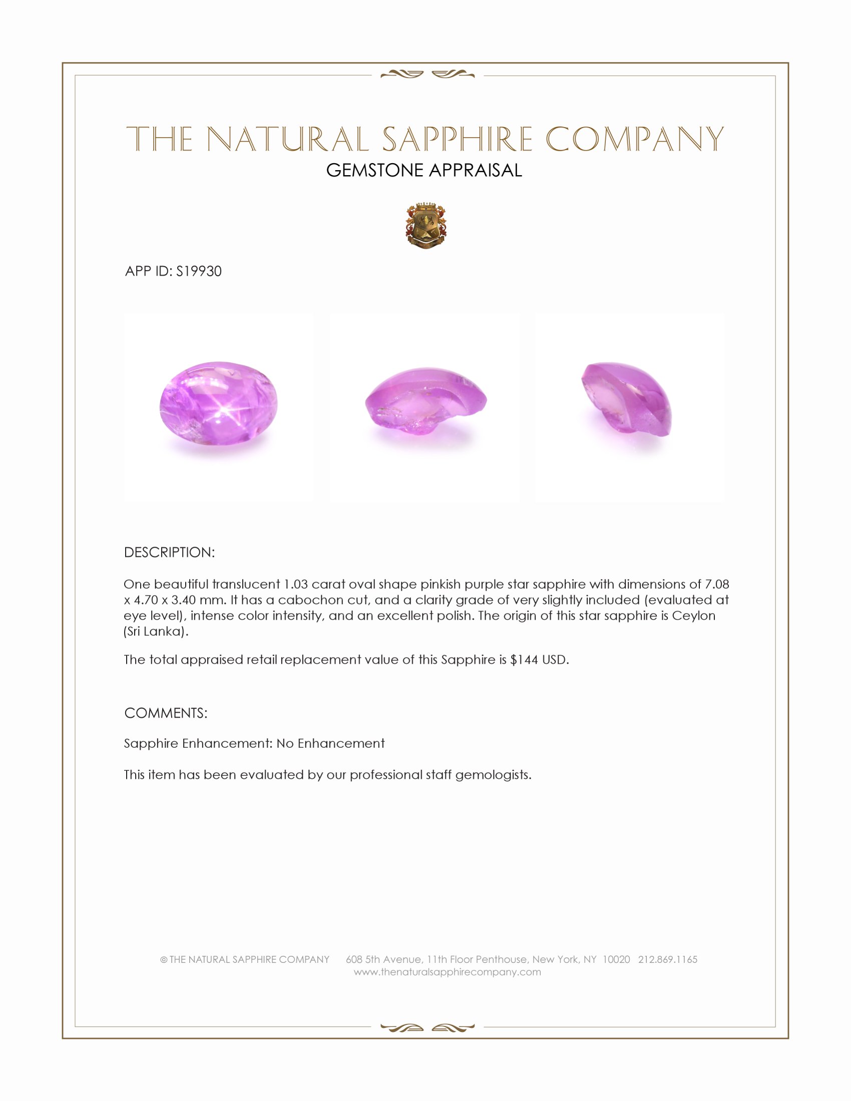 1.03 Ct. Pinkish Purple Star Sapphire from Ceylon (Sri Lanka)