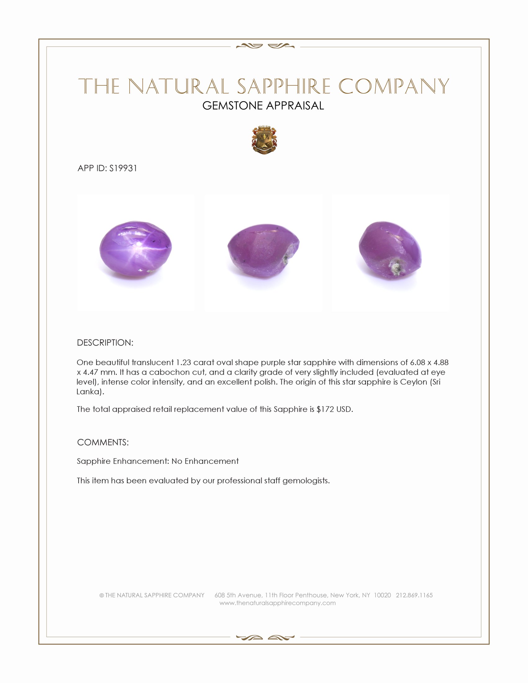 1.23 Ct. Purple Star Sapphire from Ceylon (Sri Lanka)