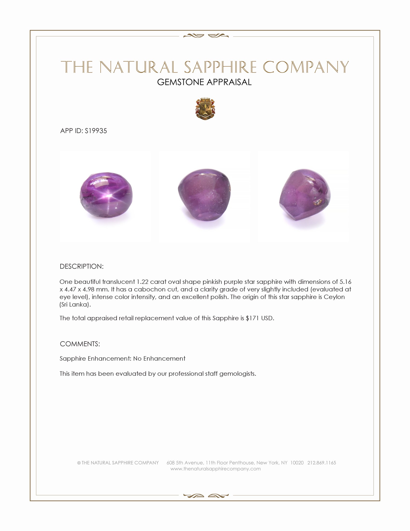 1.22 Ct. Pinkish Purple Star Sapphire from Ceylon (Sri Lanka)