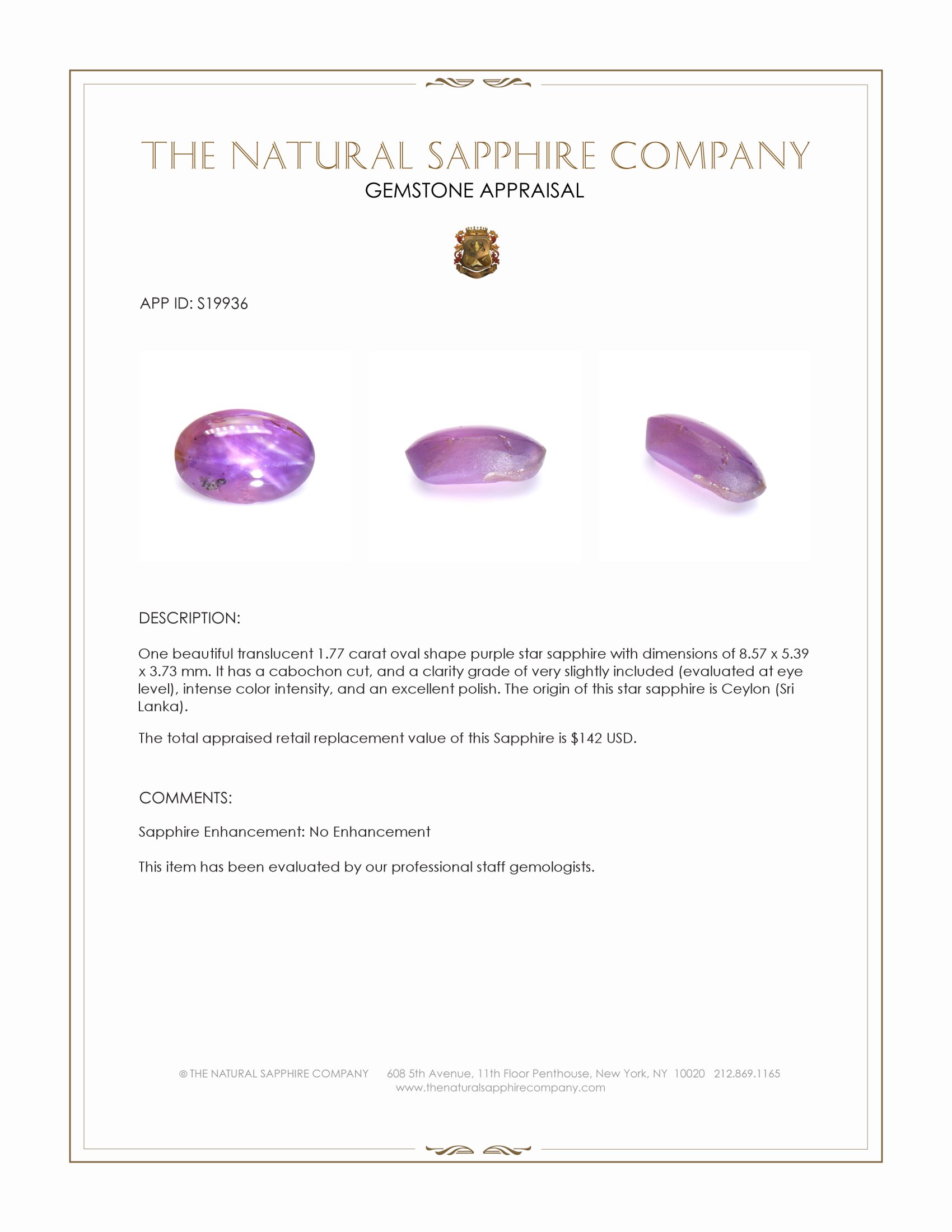 1.77 Ct. Purple Star Sapphire from Ceylon (Sri Lanka)