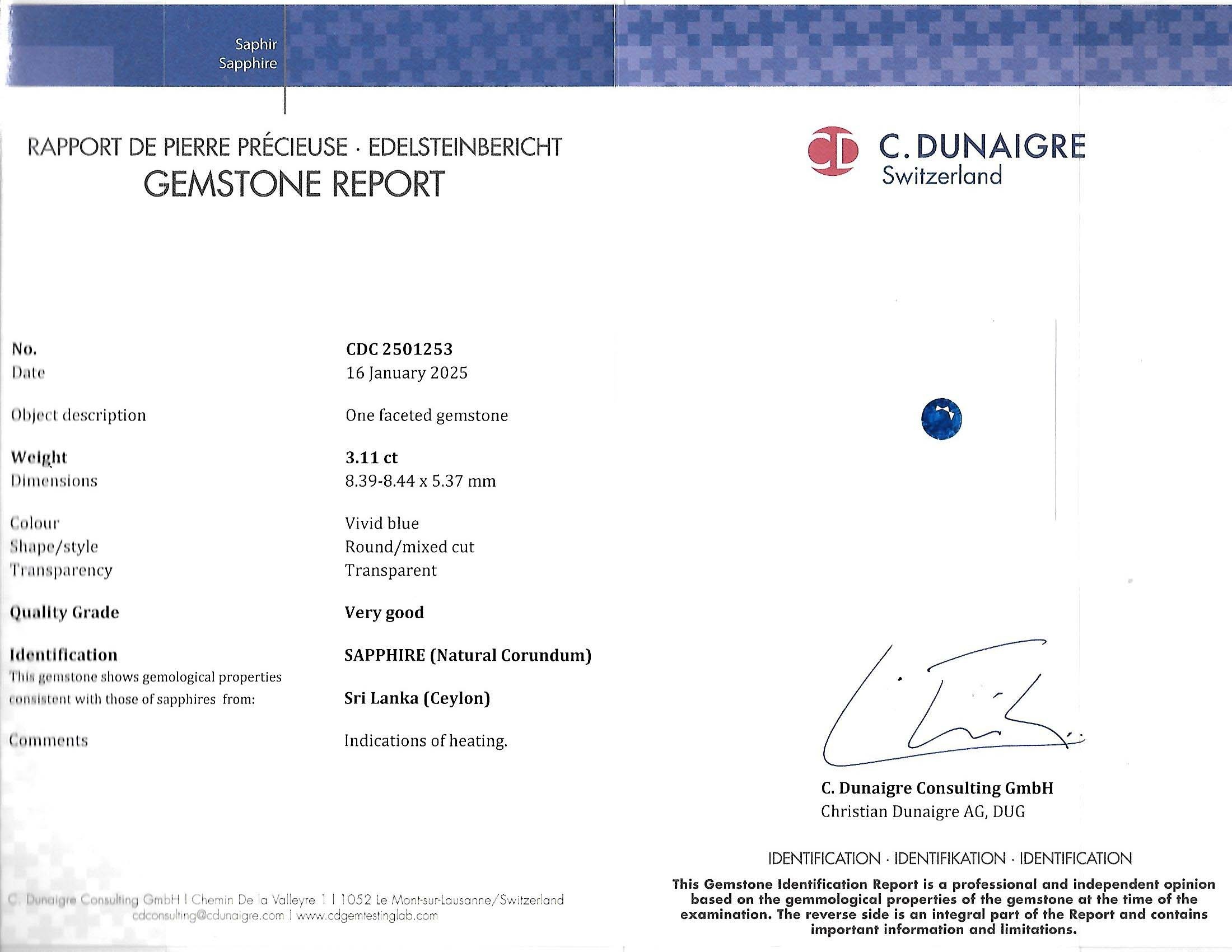 3.11 Ct. Blue Sapphire from Ceylon (Sri Lanka)