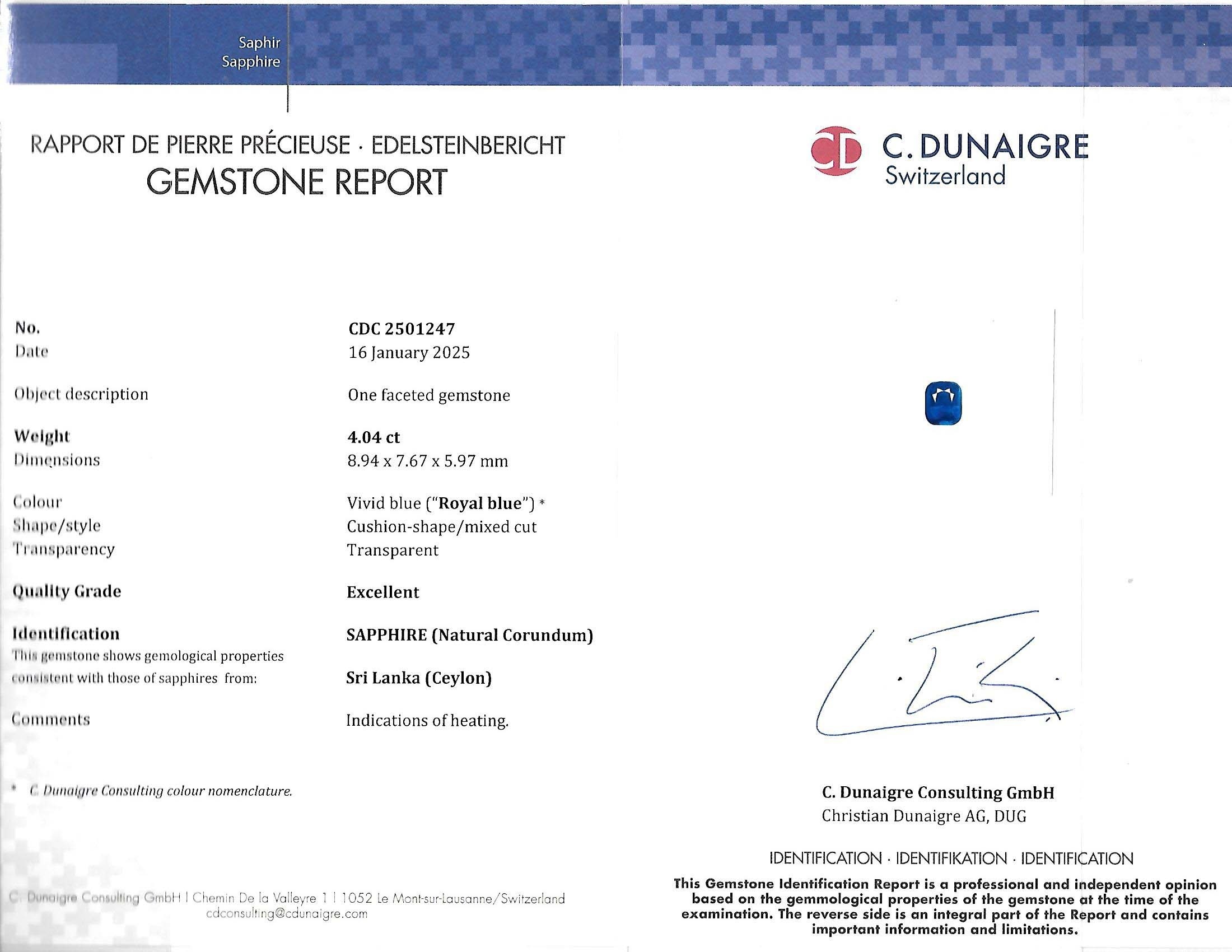 4.04 Ct. Blue Sapphire from Ceylon (Sri Lanka)