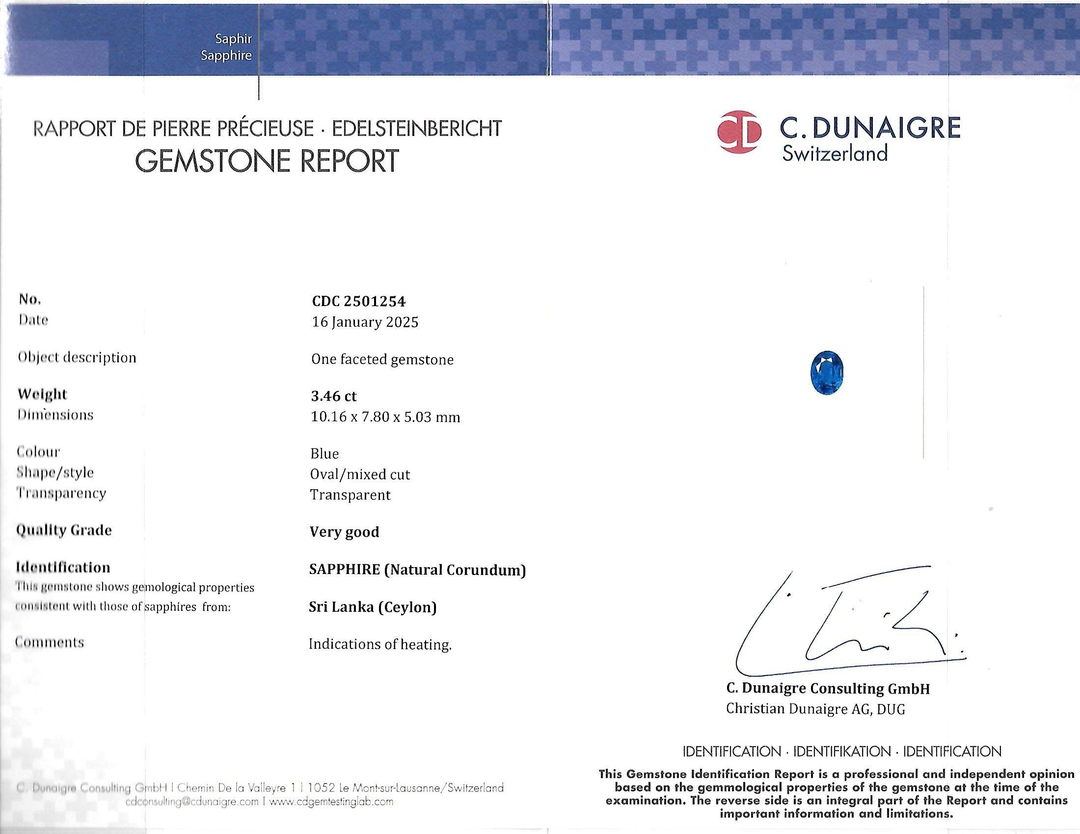 3.46 Ct. Blue Sapphire from Ceylon (Sri Lanka)