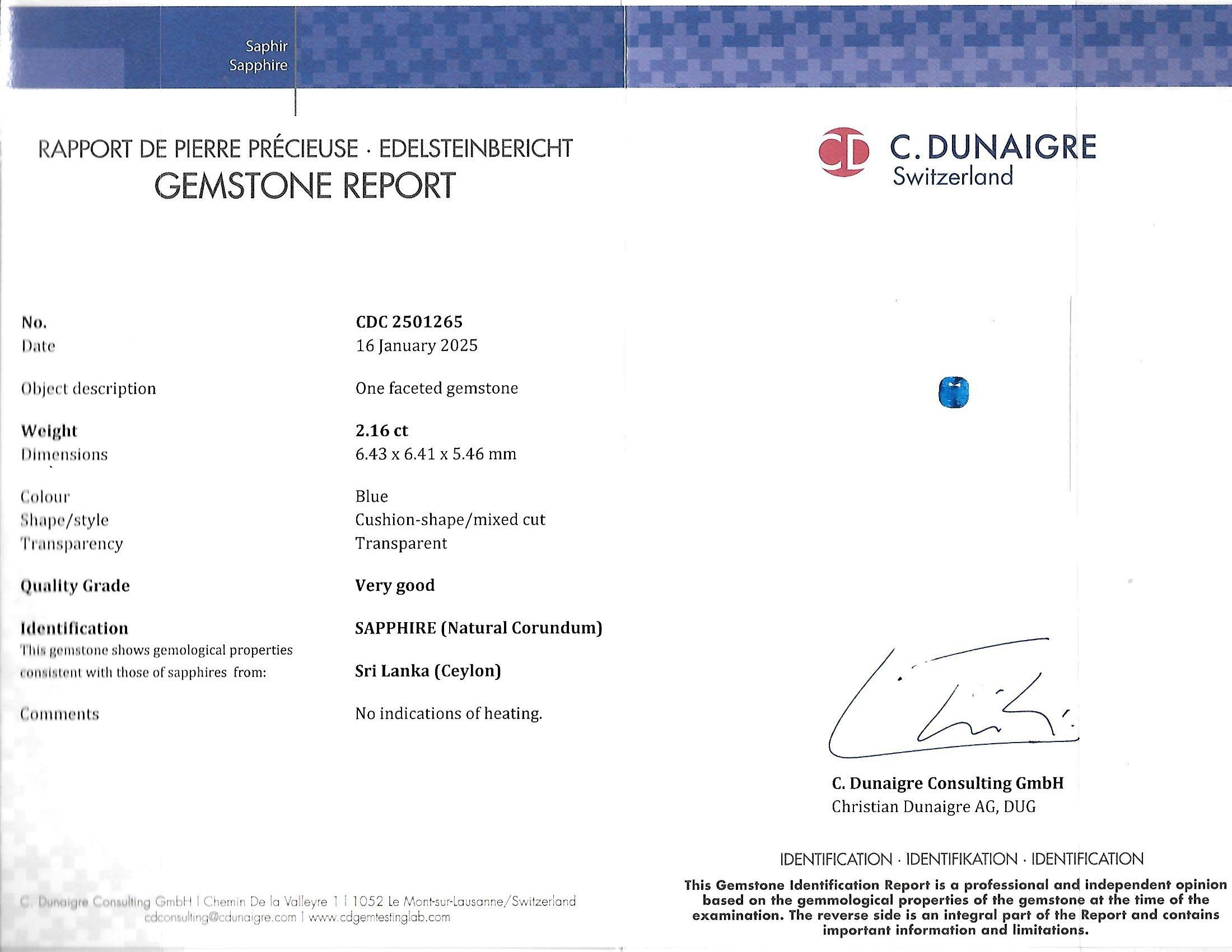 2.16 Ct. Blue Sapphire from Ceylon (Sri Lanka)