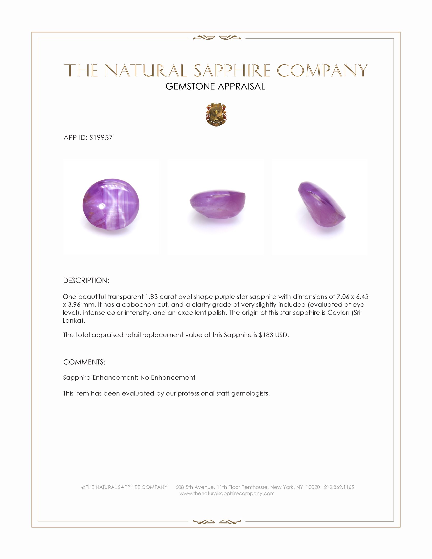 1.83 Ct. Purple Star Sapphire from Ceylon (Sri Lanka)
