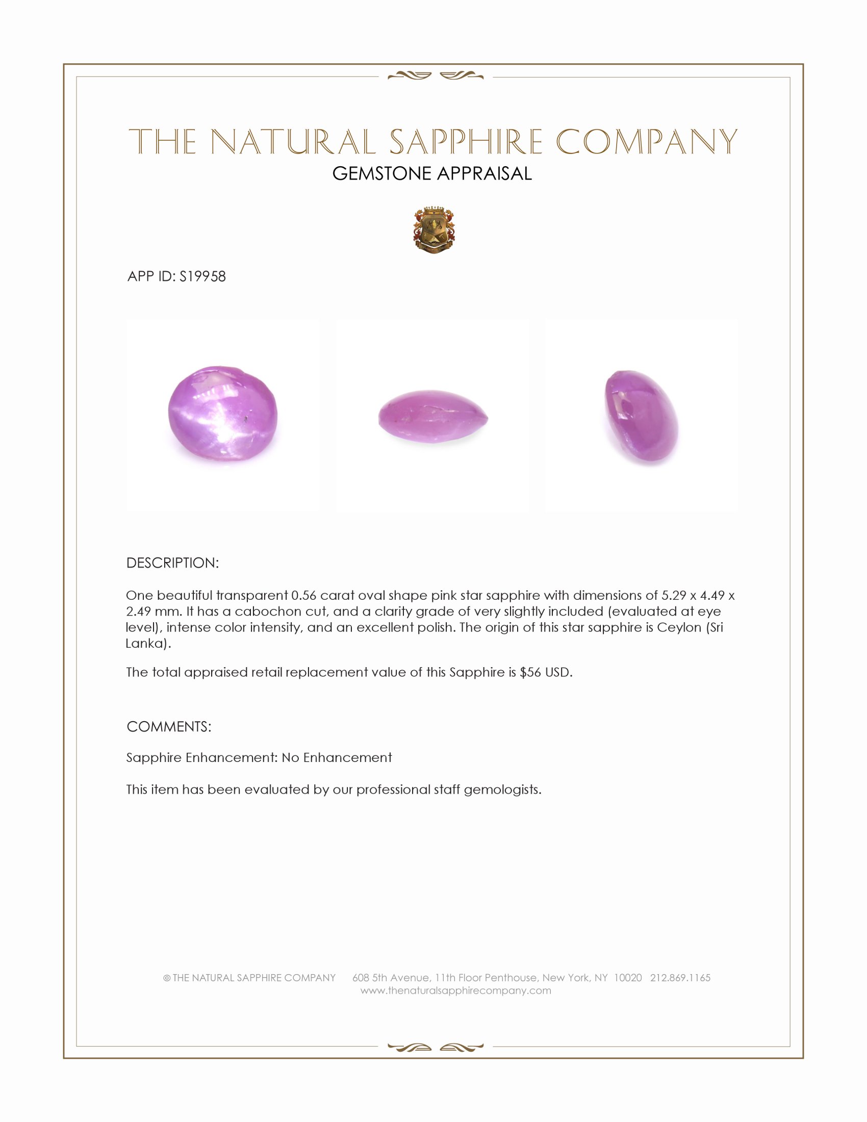 0.56 Ct. Pink Star Sapphire from Ceylon (Sri Lanka)