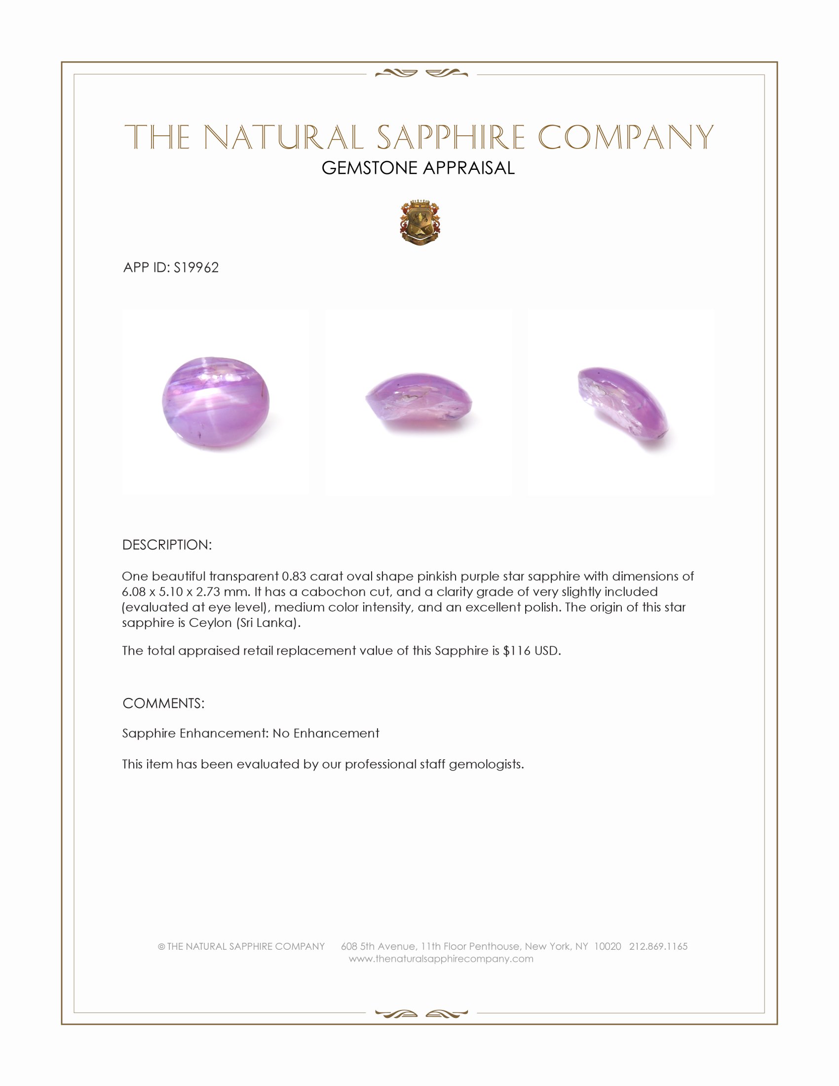 0.83 Ct. Pinkish Purple Star Sapphire from Ceylon (Sri Lanka)