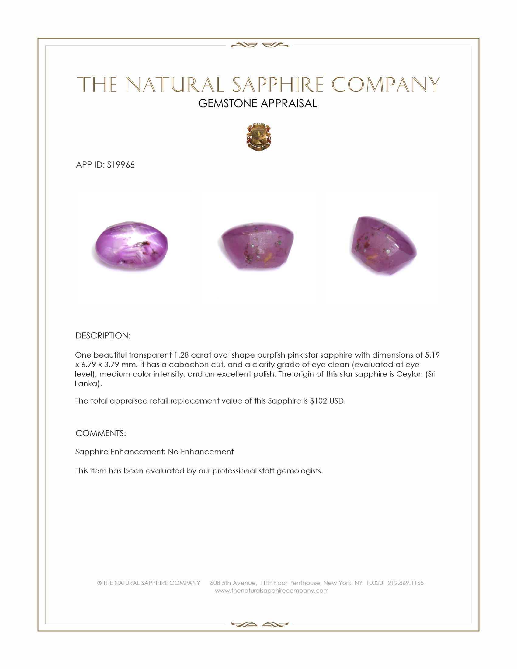 1.28 Ct. Purplish Pink Star Sapphire from Ceylon (Sri Lanka)