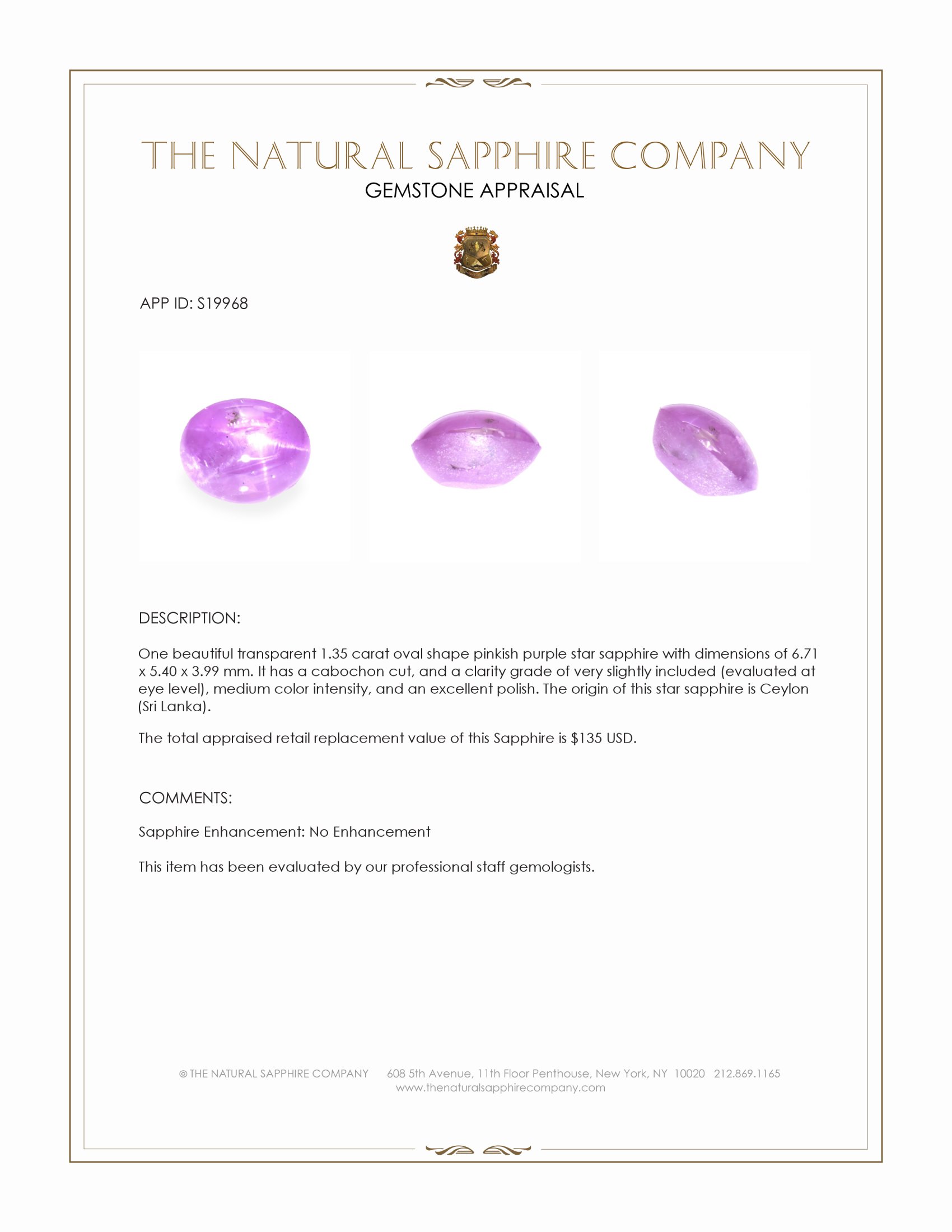 1.35 Ct. Pinkish Purple Star Sapphire from Ceylon (Sri Lanka)