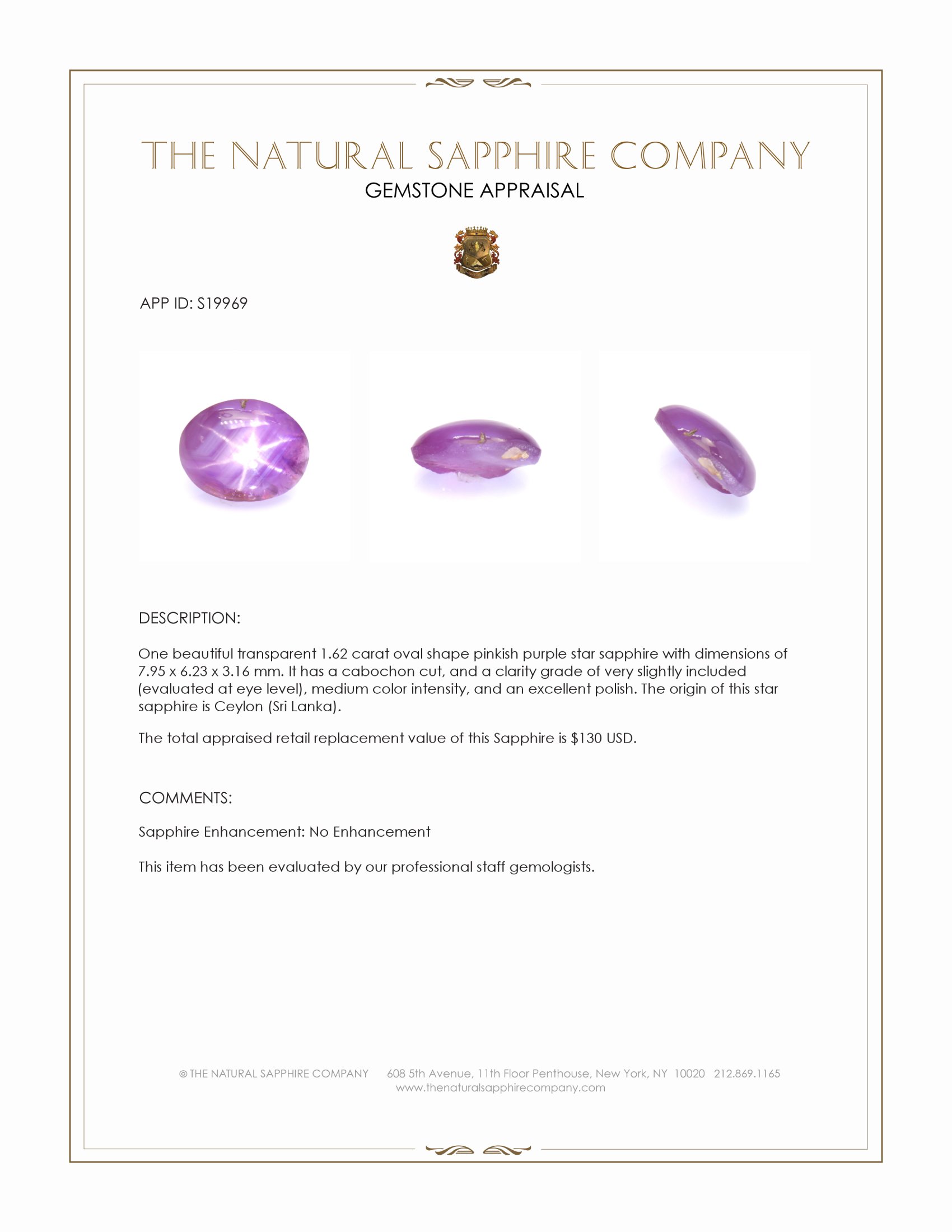 1.62 Ct. Pinkish Purple Star Sapphire from Ceylon (Sri Lanka)