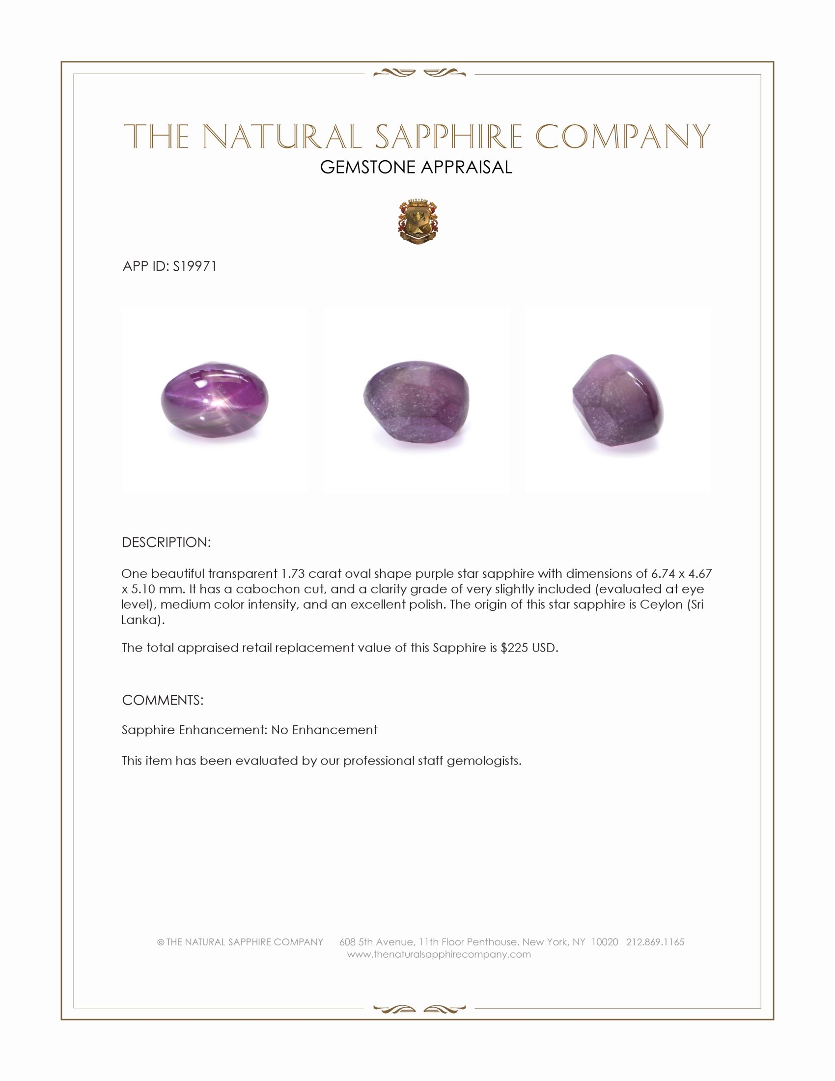 1.73 Ct. Purple Star Sapphire from Ceylon (Sri Lanka)