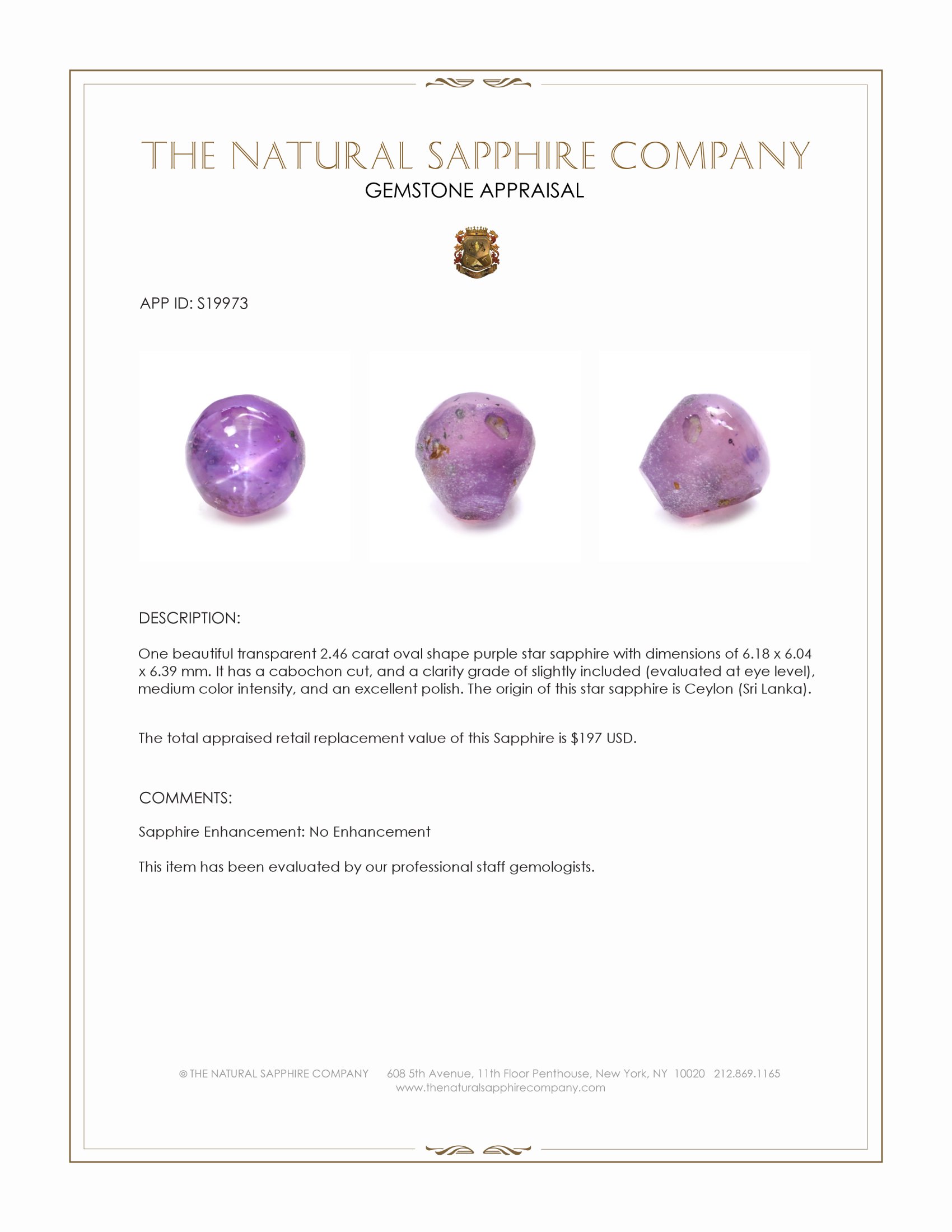 2.46 Ct. Purple Star Sapphire from Ceylon (Sri Lanka)
