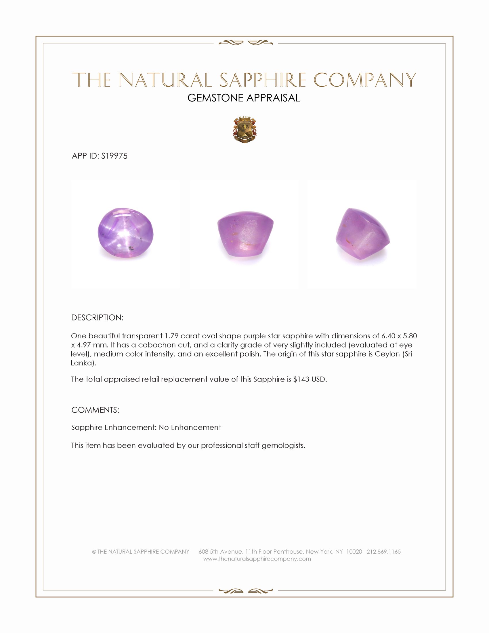 1.79 Ct. Purple Star Sapphire from Ceylon (Sri Lanka)