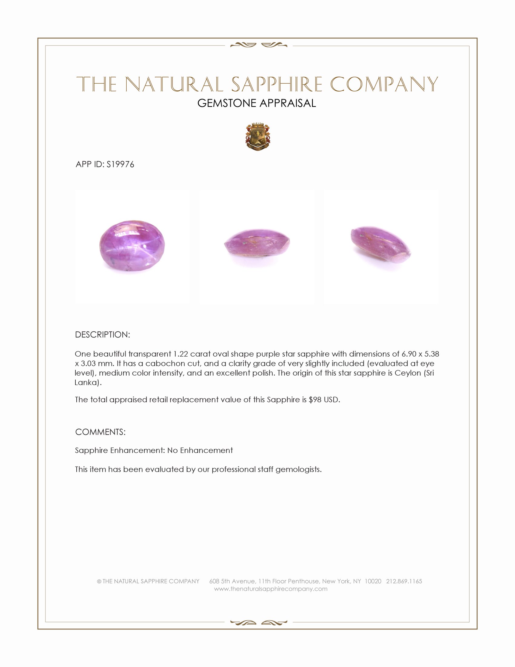 1.22 Ct. Purple Star Sapphire from Ceylon (Sri Lanka)