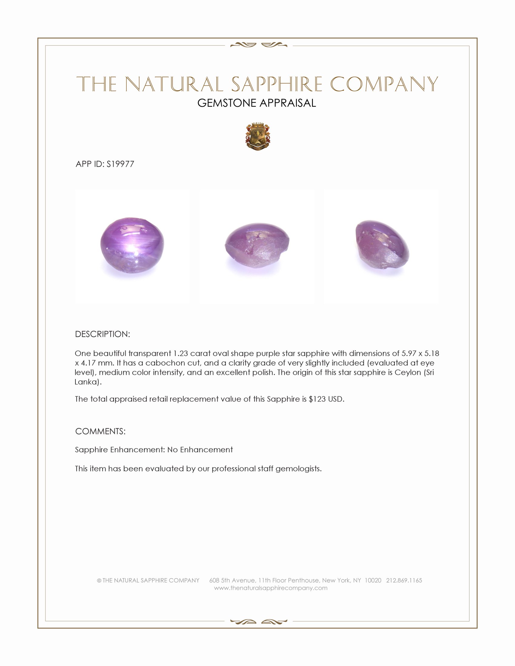 1.23 Ct. Purple Star Sapphire from Ceylon (Sri Lanka)