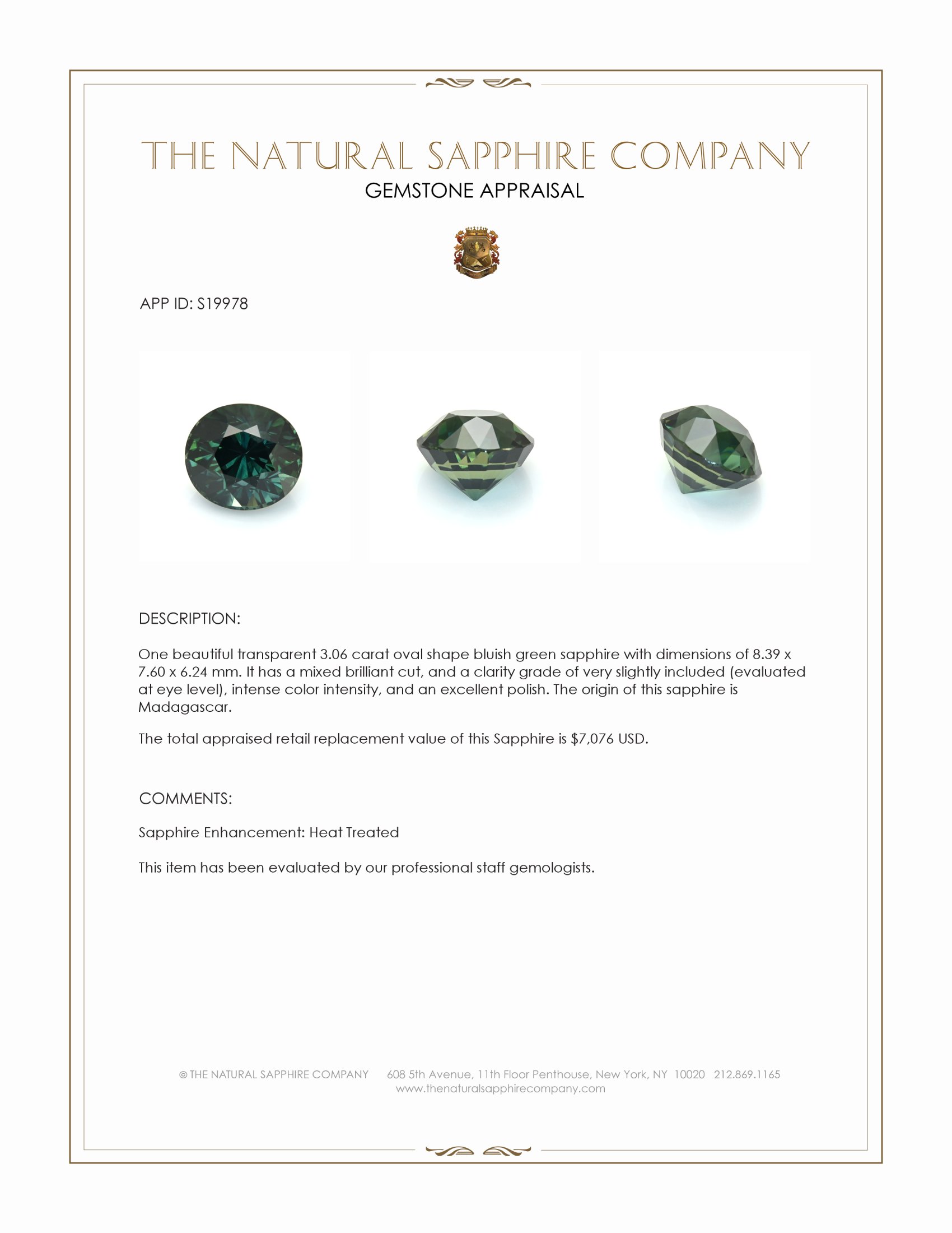 3.06 Ct. Bluish Green Sapphire from Madagascar