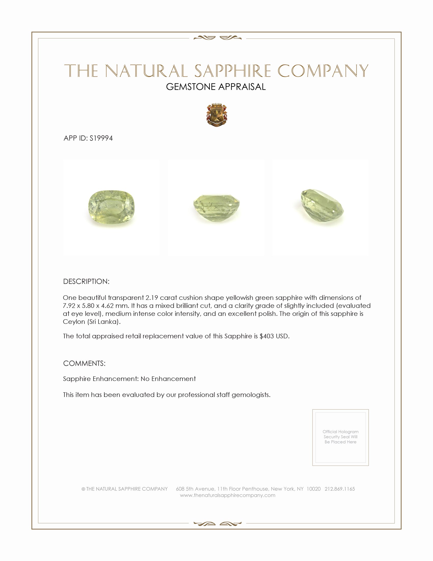 2.19 Ct. Yellowish Green Sapphire from Ceylon (Sri Lanka)
