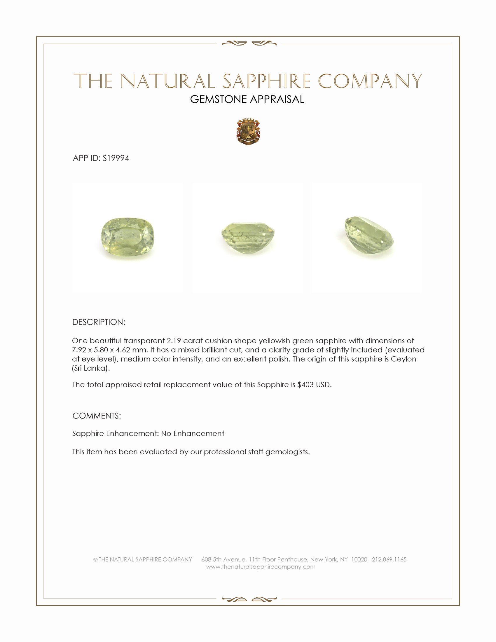 2.19 Ct. Yellowish Green Sapphire from Ceylon (Sri Lanka)